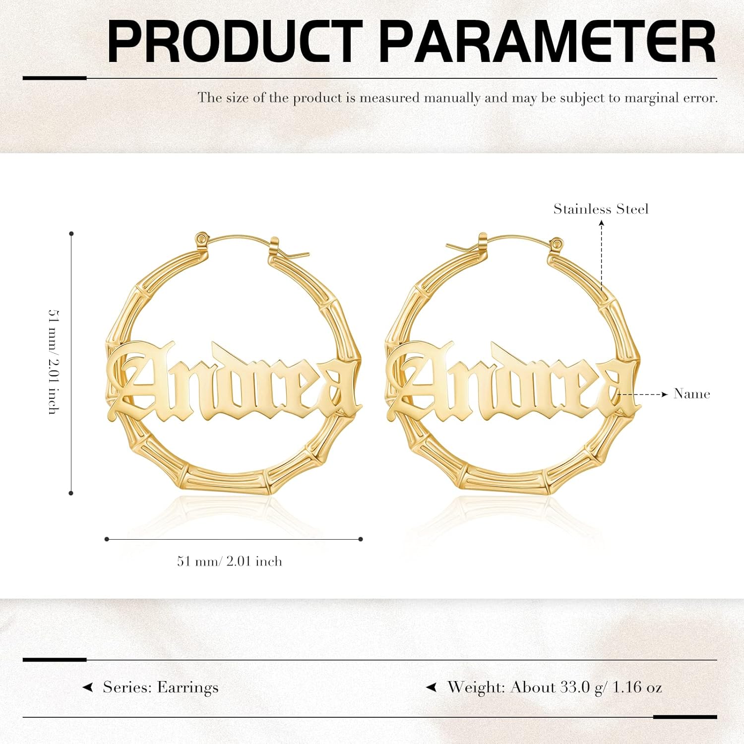 Custom Bamboo Gold Hoop Earrings for Women with Name Earrings Personalised Earring Gift for Mother Sister Yourself Daughter (3 Color 3 Size)