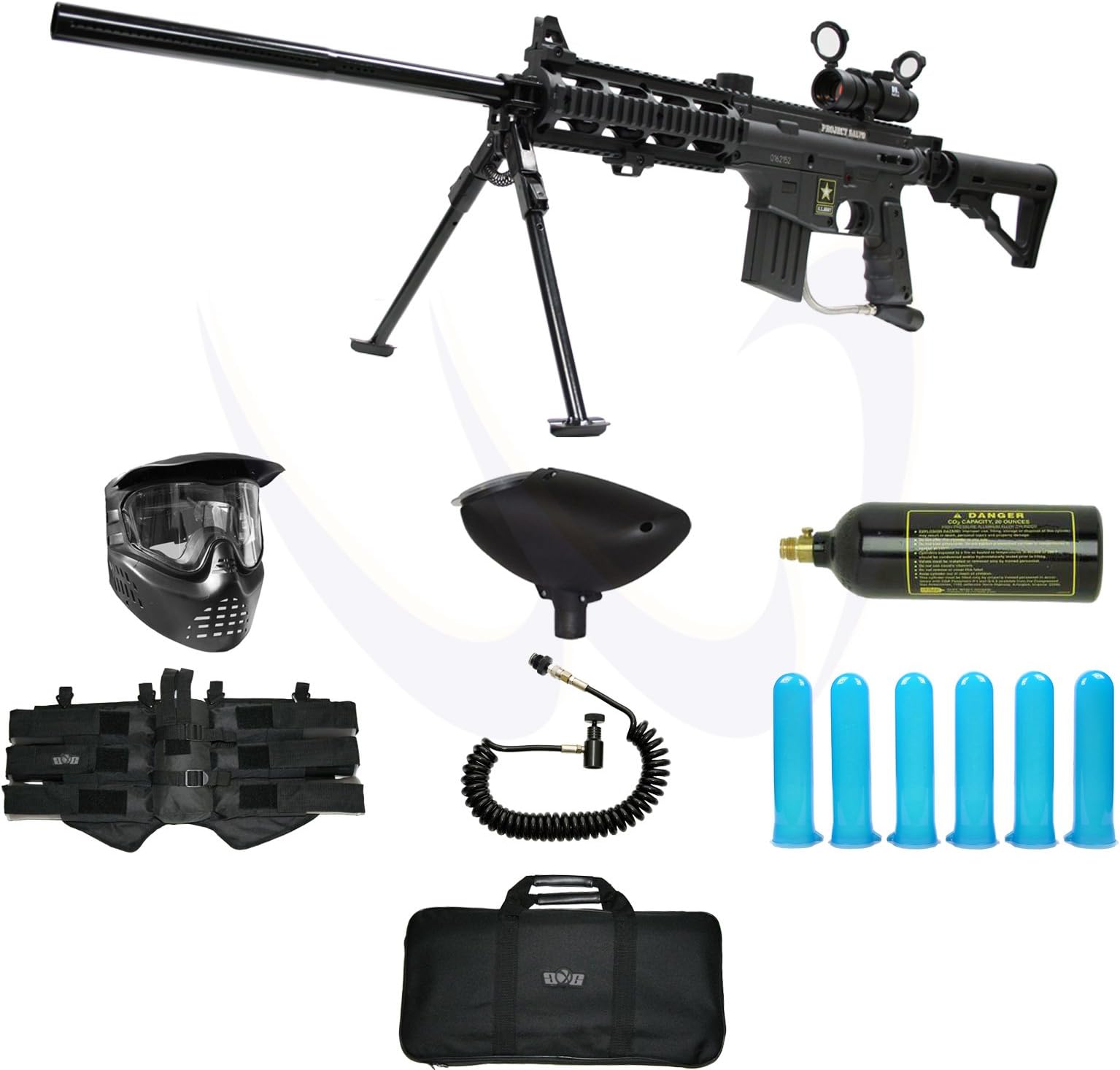 Tippmann US Army Project Salvo Paintball Gun with DP130 Red Dot Bipod 22" Barrel Elite Package