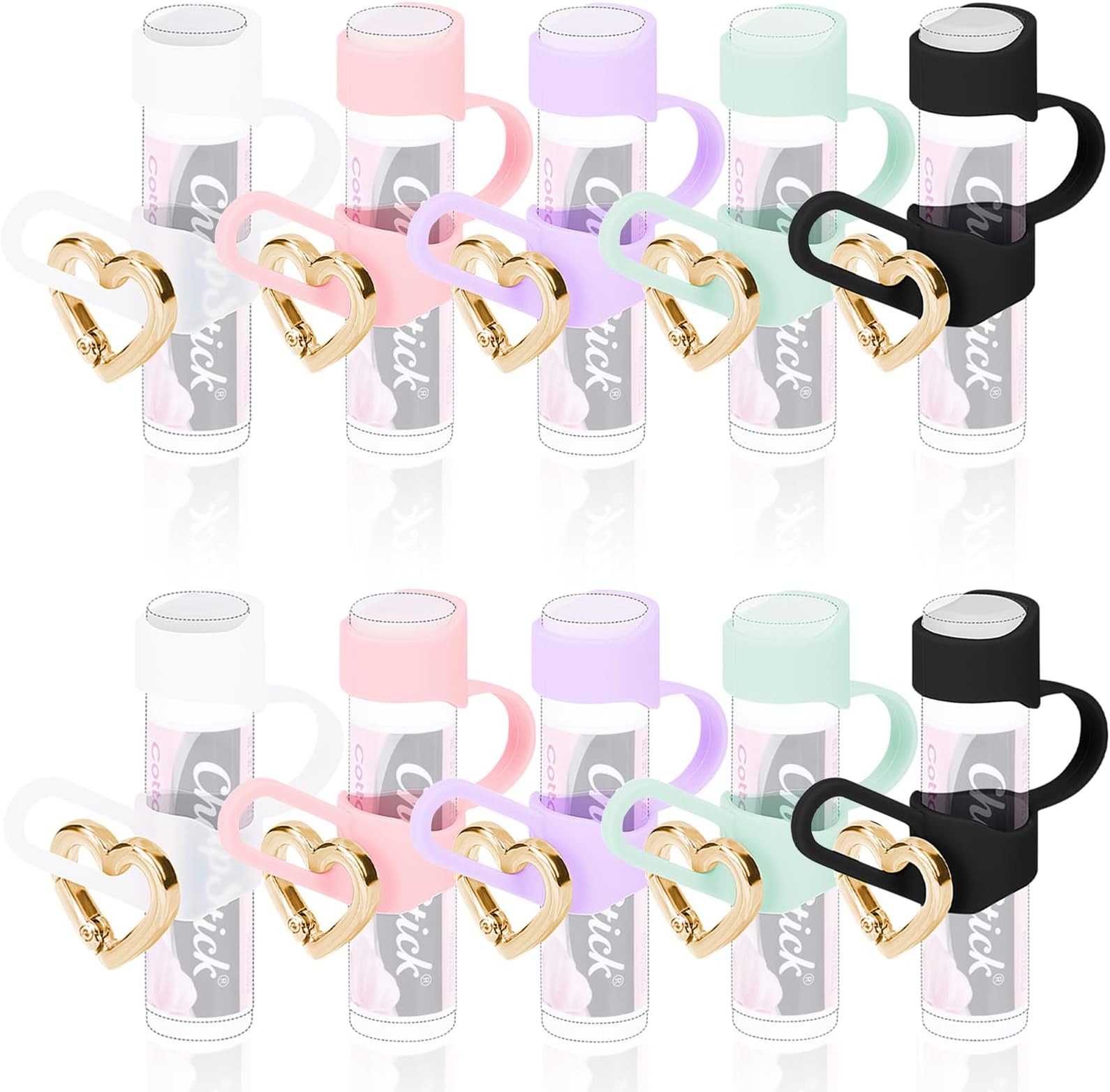 10 Pcs Chapstick Holder Key Chain, Silicone Lip Balm Holder with Cap Cover, Sleeve Lip Balm Holder Key Chain with Heart-shaped Key Ring(Pink Purple Green Black Clear)