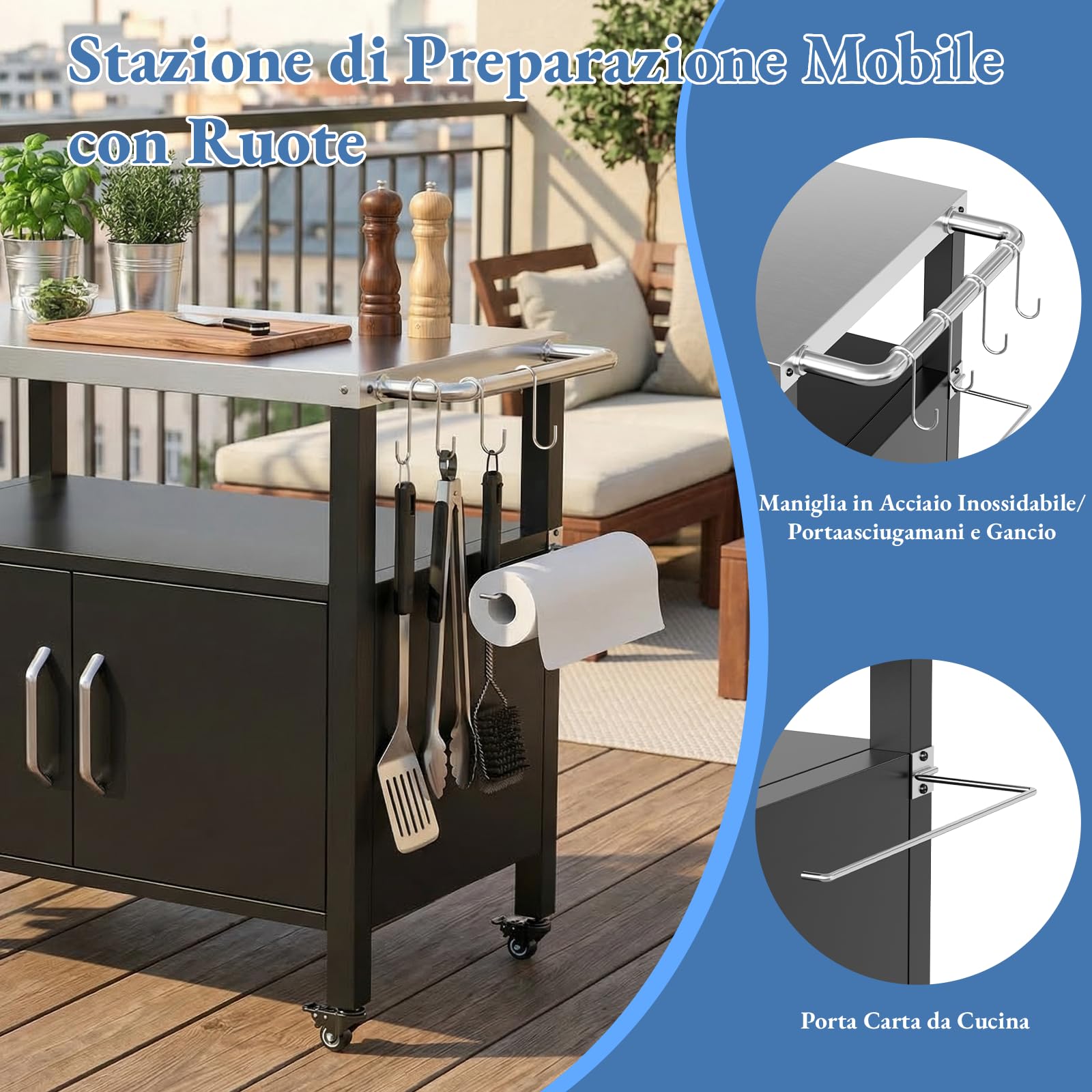 TLSUNNY Carrello per Barbecue con Piano in Acciaio Inox, Tavolo per Barbecue con Porta, 4 Ruote, Carrello da Cucina da Esterno, Carrello da Giardino per Terrazzo, Balcone, Picnic, 112 x 51 x 82.5 cm