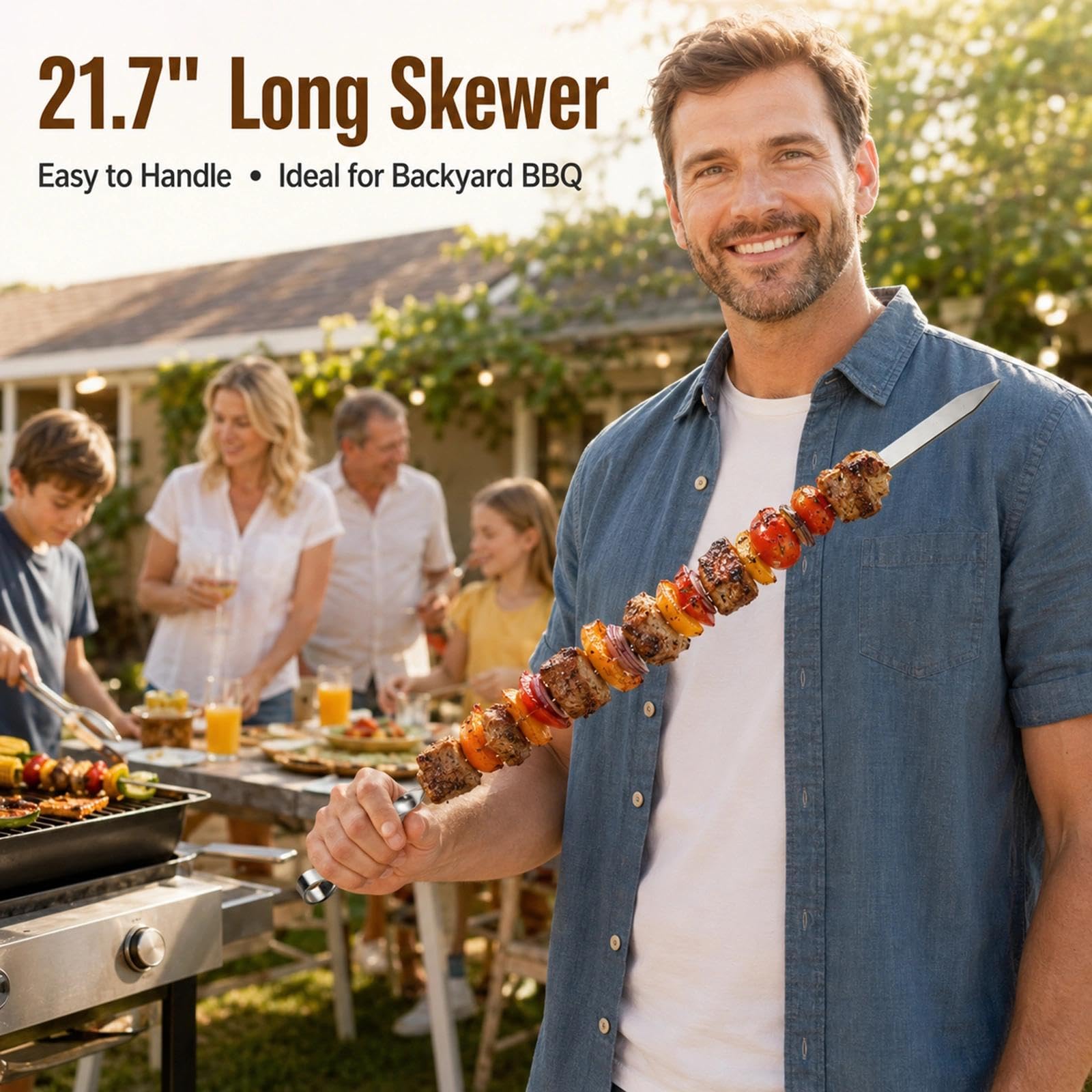 IMEEA Brochetas de acero inoxidable extra largas, 55 cm de ancho, hoja plana, de metal, para barbacoa, barbacoa, brochetas anchas, reutilizables para parrilla, juego de 6