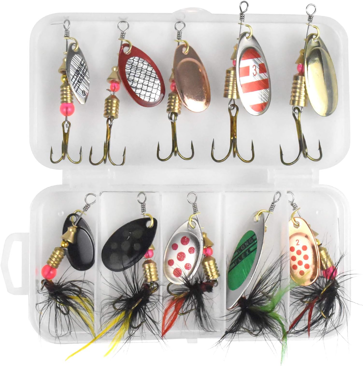 Chstarina Pack of 10 Fishing Lures Spin Fishing Spinner Bait Rotating Sequins Fishing Bait Set Artificial Fishing Bait with Treble Hooks for Pike Zander Perch Trout