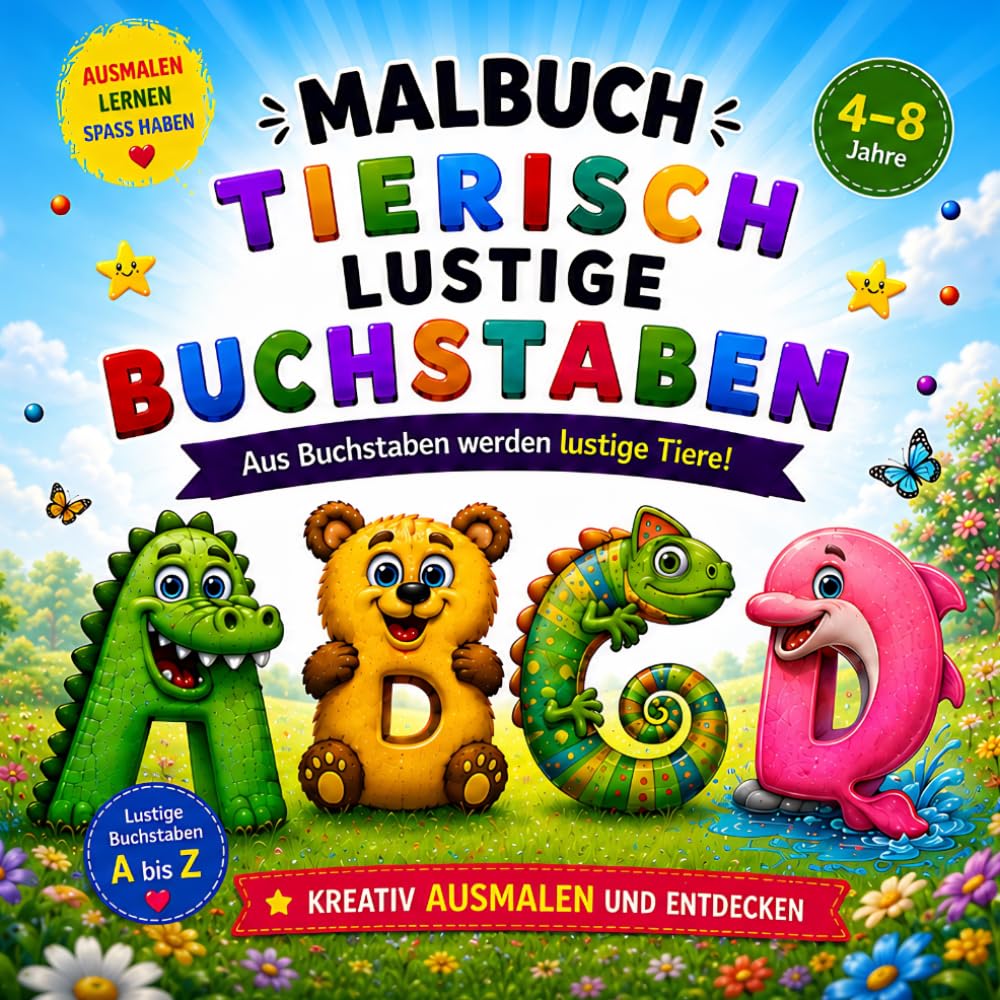 Malbuch für Kinder ab 4 Jahren – Tierisch lustige Buchstaben: Aus Buchstaben werden lustige Tiere zum Ausmalen – Spielerisch das ABC lernen für ... oder Schulstart für Mädchen und Jungen