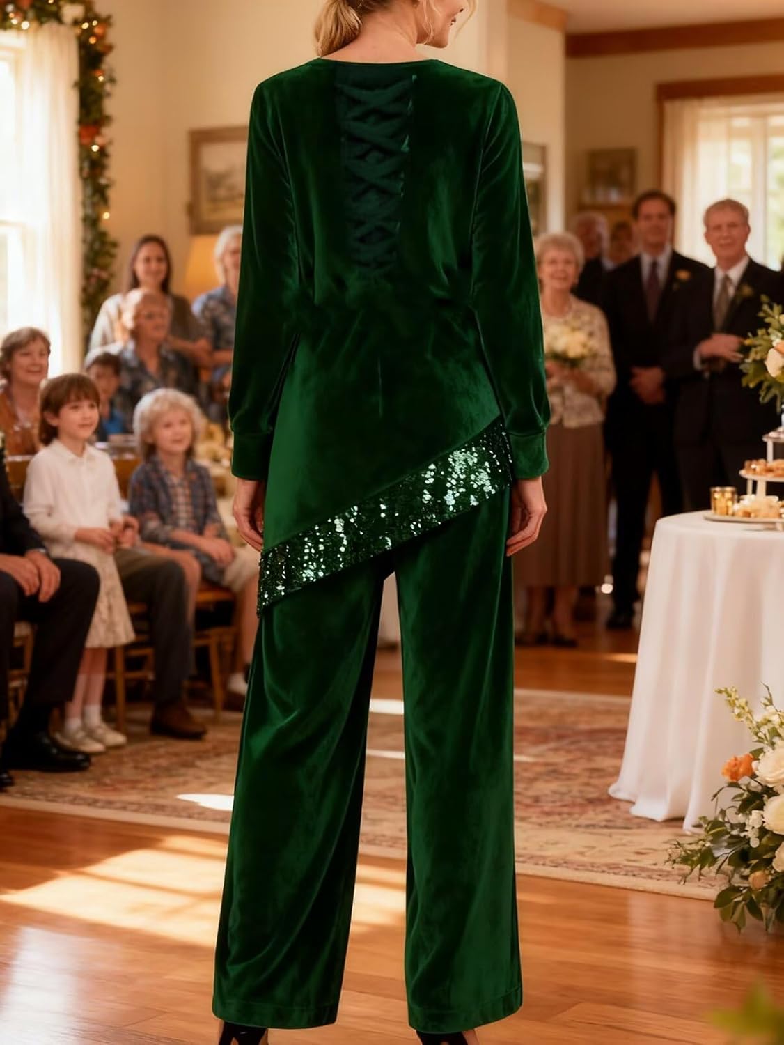 Velvet Mother of The Bride Pants Suits for Wedding Long Sleeve Sequin Formal Outfit Sets 2 Piece Sets Pants Dressy