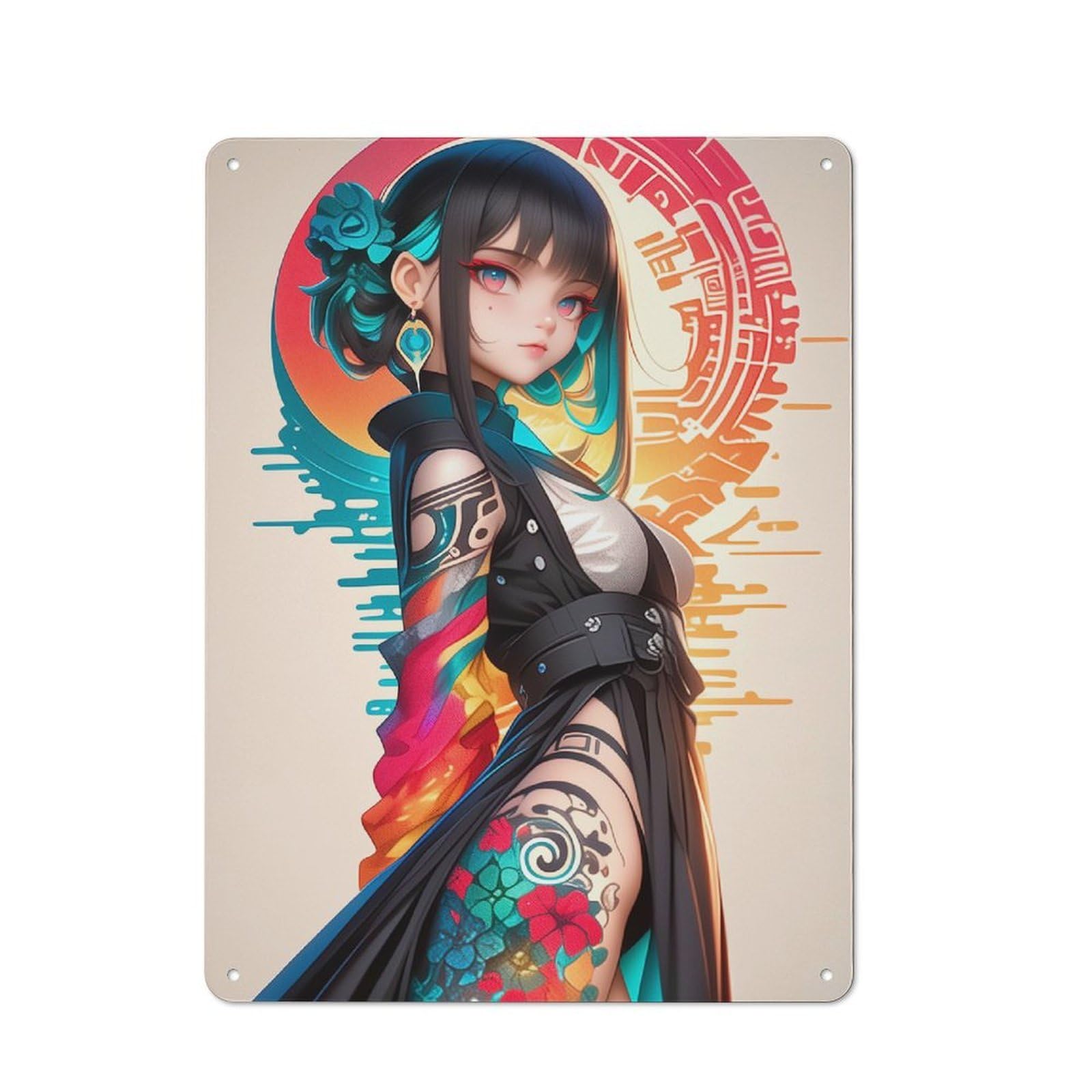 Anime Girl with Tattoos Retro Metal Wall Decor 40x30cm, Metal Sign for Pub, Home Bar, Shed Or Man Cave, for Relaxed Wall Styling