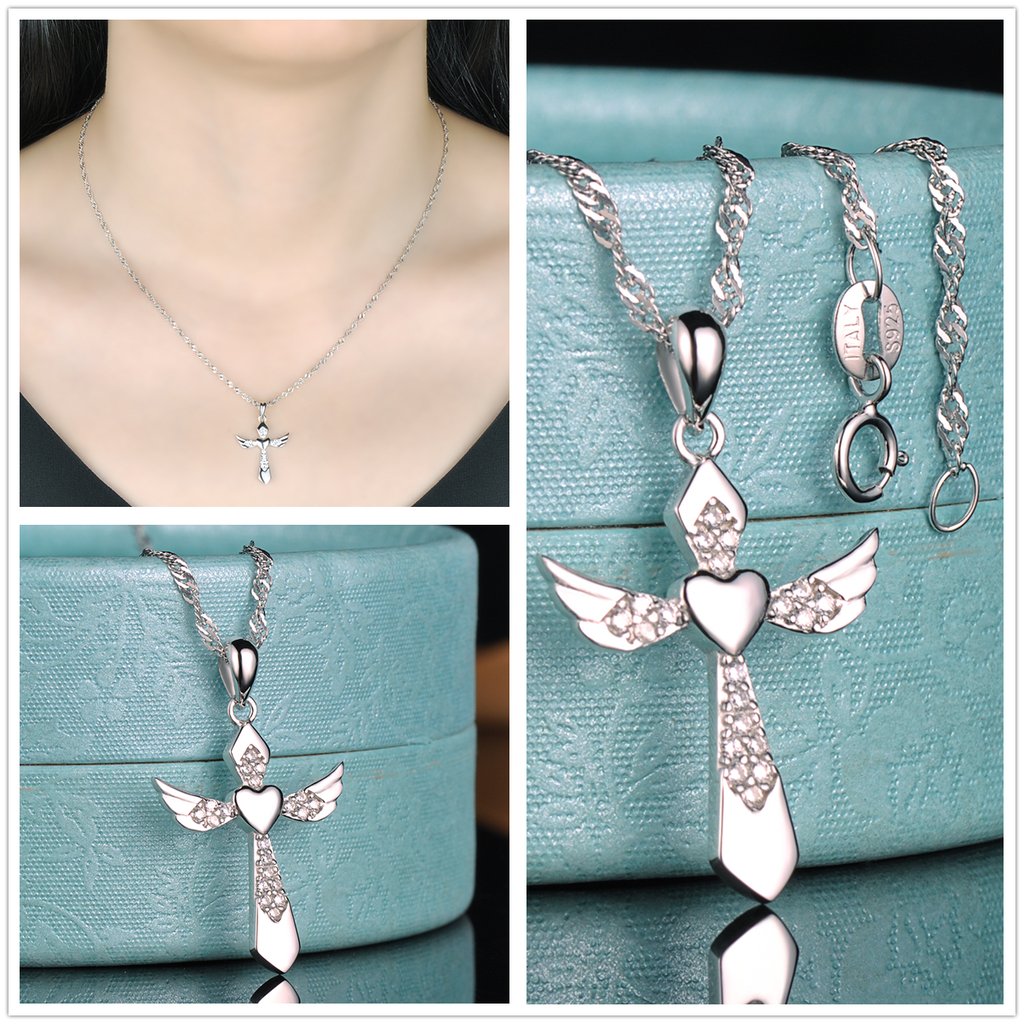 Yumilok 925 Sterling Silber Zirkonia Herzen Kreuz Halskette Charm-Armband Creolen Schmuck Set Kette mit Anhänger Armkette Ohrringe Set für Damen Mädchen