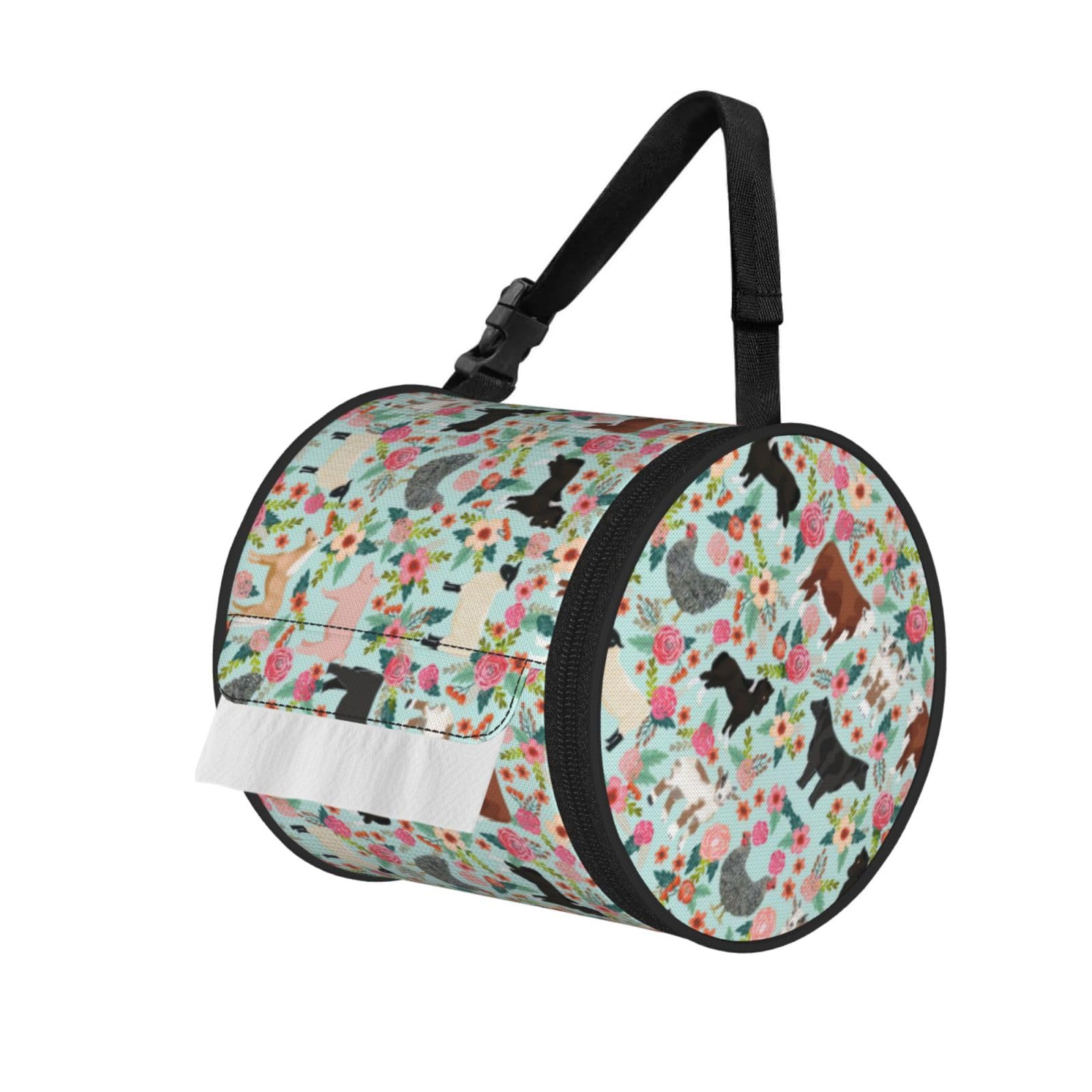 Farm Animal Print Round Paper Tissue Holder With Shoulder Strap, Portable Roll Case For Caravan Travel Use