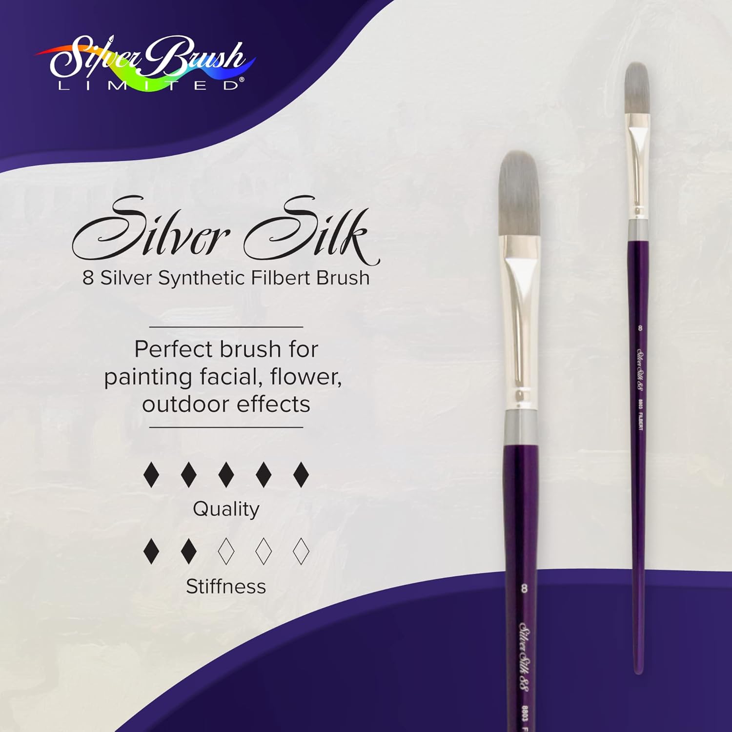 Silver Brush Limited 8803-8 Silver Silk 88 Silver Synthetic Filbert Brush for Oil Paintings, Size 8, Long Handle