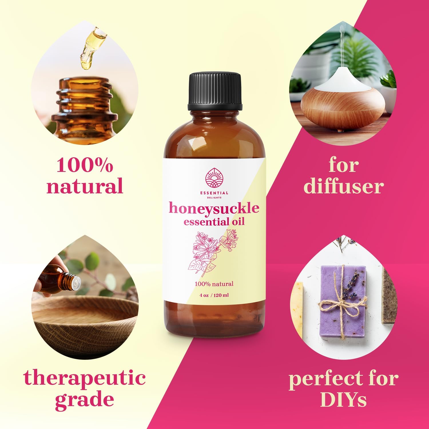 Honeysuckle Essential Oil by Essential Delights - Sweet Floral Aroma for Calming Aromatherapy and DIY Beauty Products 4 FL.Oz.