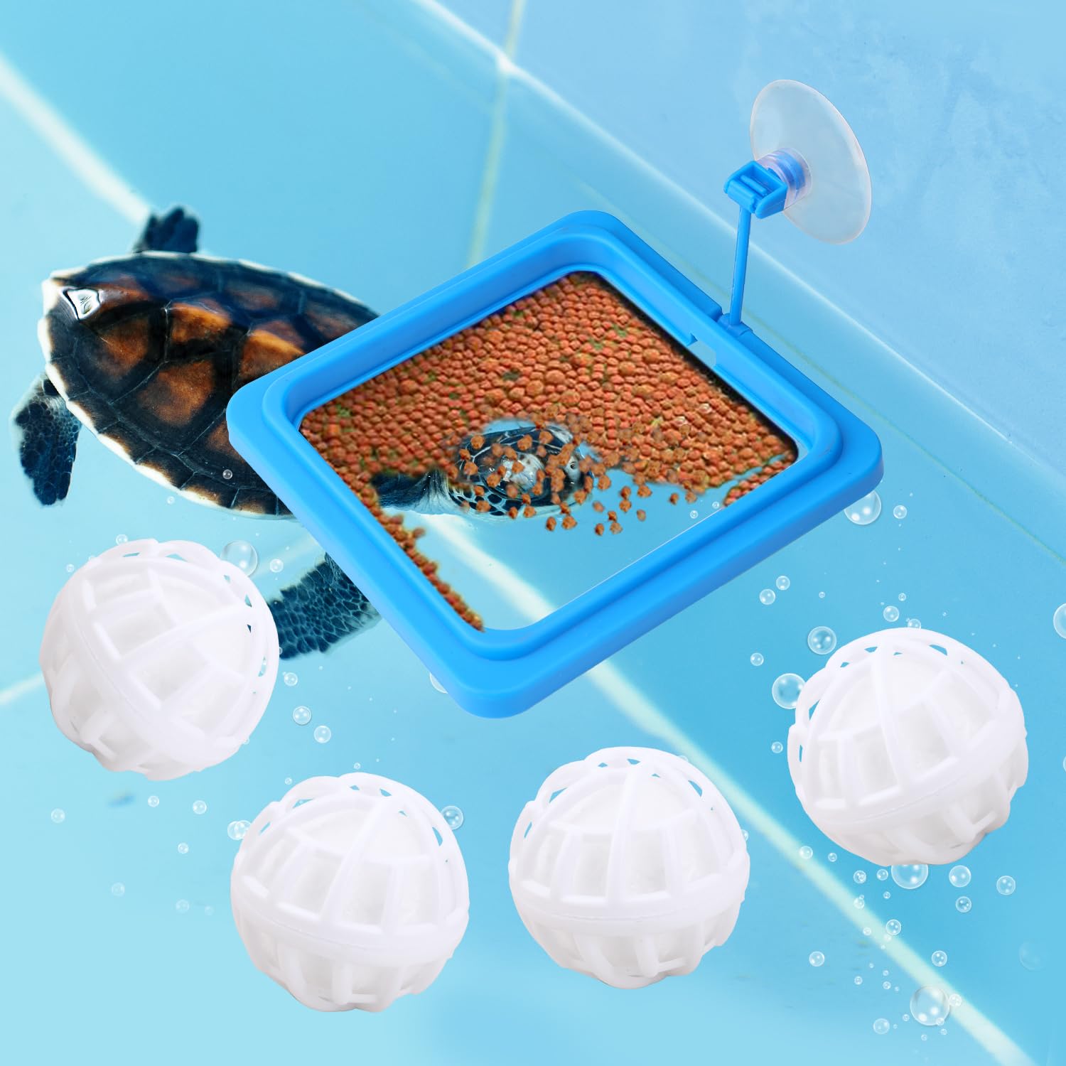 Square Turtle Feeding Ring with Suction Cup, Include 4pcs Nitrifying Balls Fish Feeder Accessories for Tank Floating Tortoise Ball Toy to Maintain Water Quality Feeding Ring for Betta Turtle Guppy