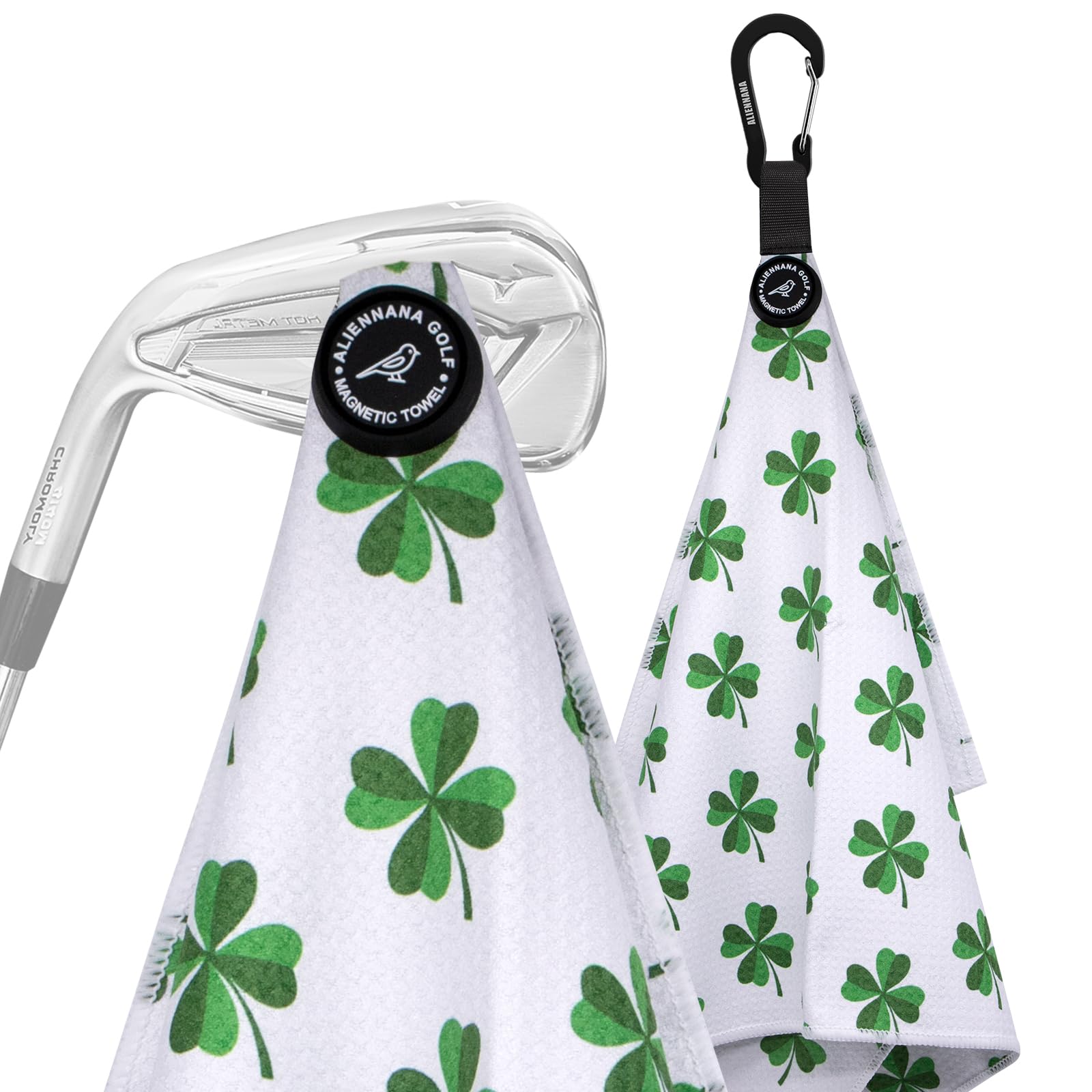 AliennanaMagnetic Golf Towel, Microfiber Waffle Design with Clip - Industrial Strength Magnet for Strong Hold to Golf Bags, Carts Clubs (Lucky Clover)
