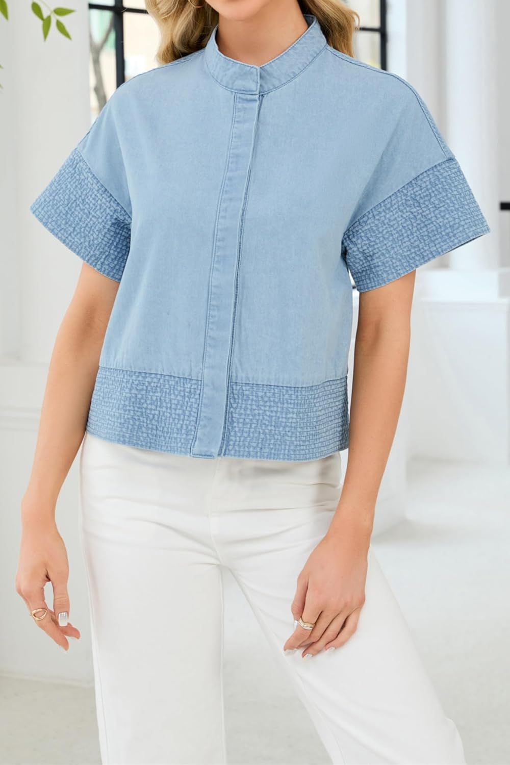 Womens Crop Denim Jacket Short Sleeve Button Down Lightweight Jean Tops Trendy - Image 4