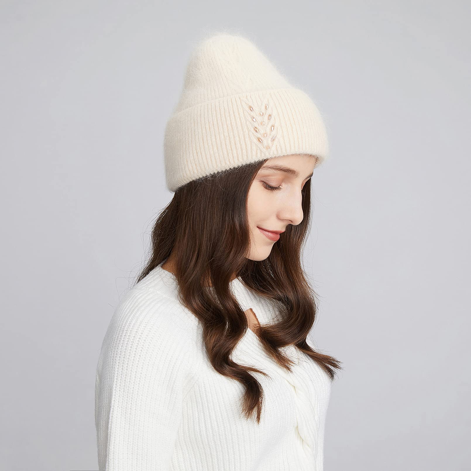 BeFur Bonnet d'hiver à pompon en cachemire pour femme - Bonnet tricoté chaud avec strass et épis de blé