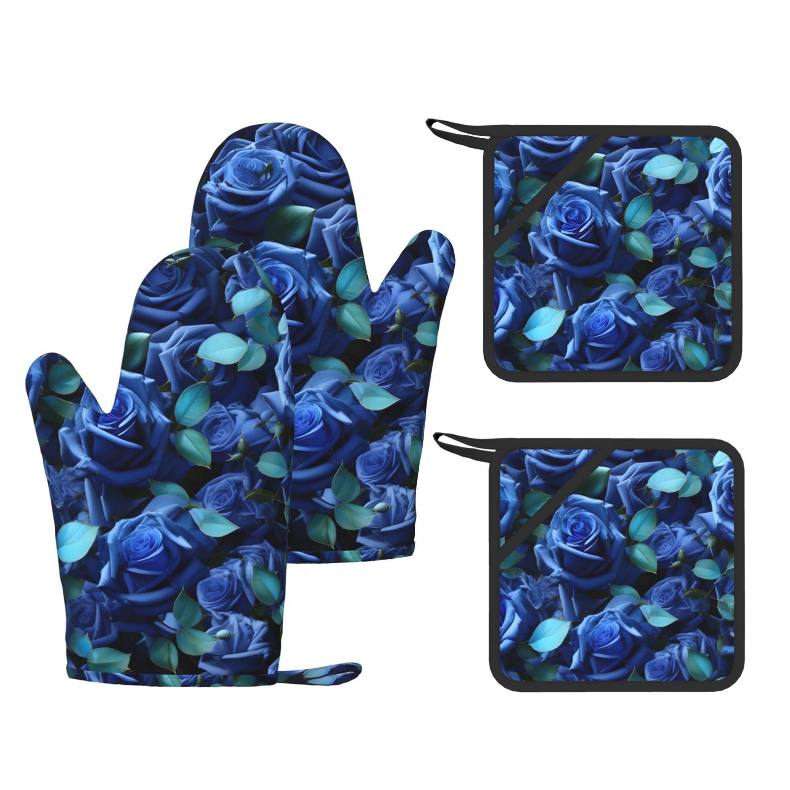 Nimongt Black Many Blue Roses Print Heat Resistant Gloves Pads Reusable Kitchen Set Oven Baking Grilling Cooking