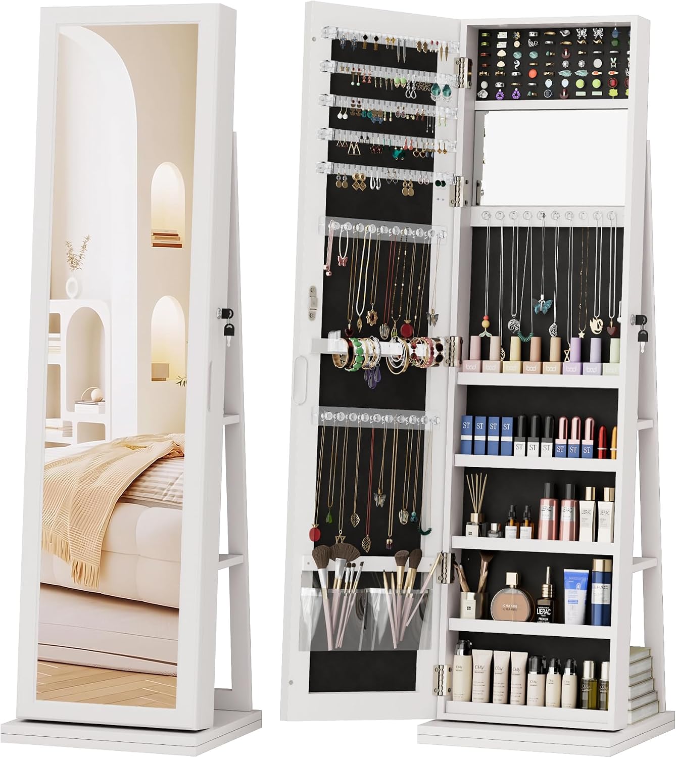 360° Swivel Jewelry Cabinet with Full-Length Mirror, Lockable, White