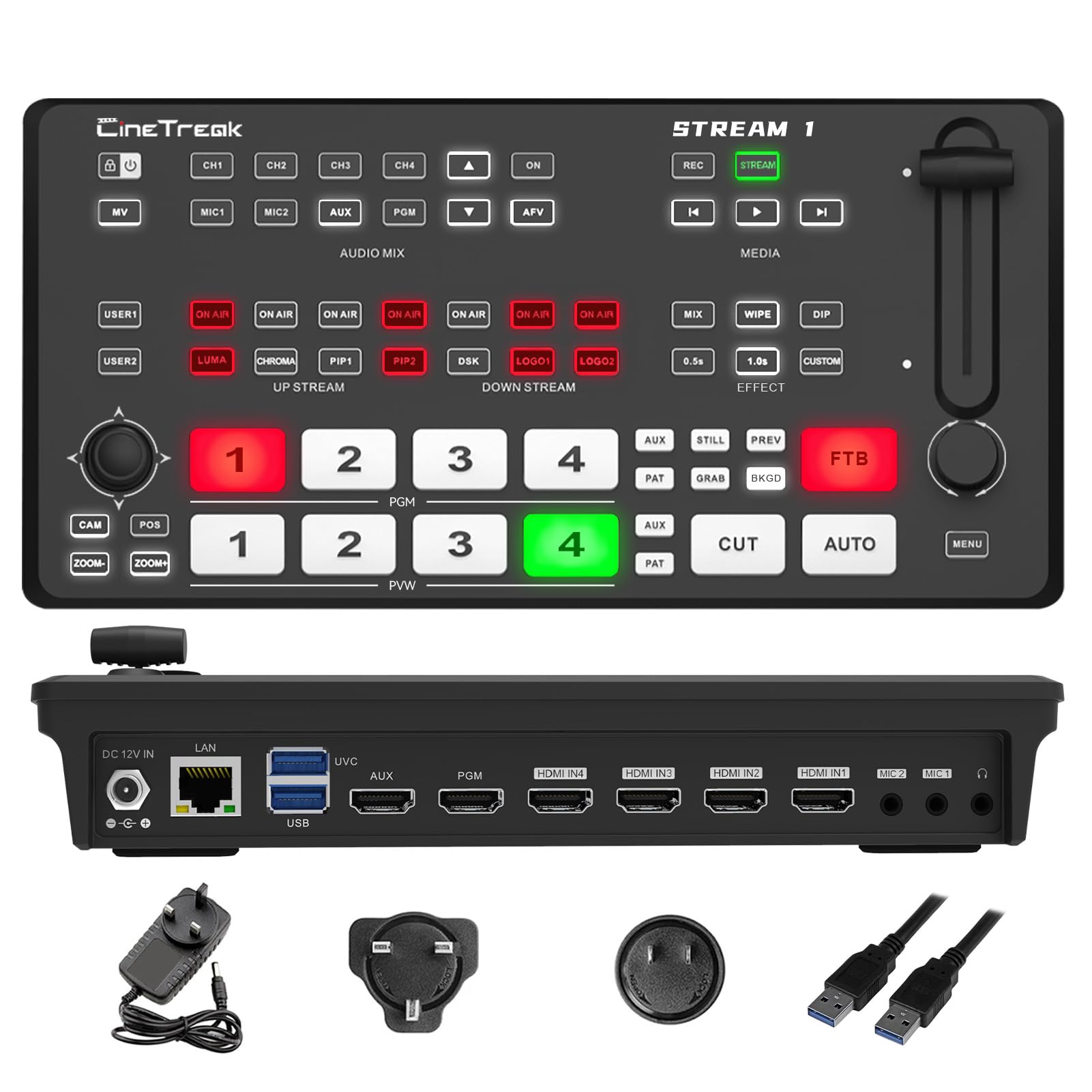CINETREAK Stream 1 Live-Streaming Switcher 4 HDMI & AUX Eingänge, PTZ Steuerung, Dual RTMP Streaming, Chroma/Luma Key, Aufnahme & Wiedergabe sowie Landschafts- & Hochformat-Streaming (NDI Updatefähig)