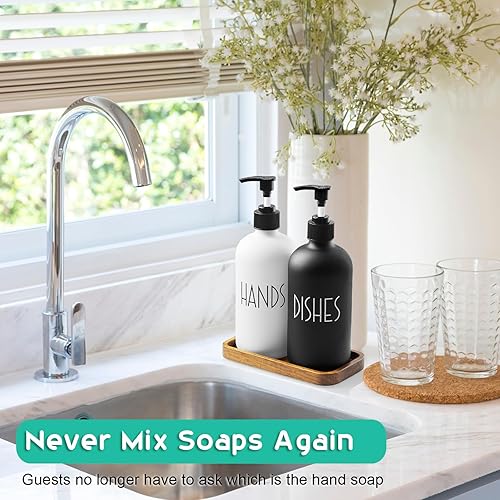 Miniatura 2 de ALELION Dispensador de jabón para platos de vidrio para cocina, juego de dispensador de jabón de manos de 16 onzas con bomba y bandeja de madera de