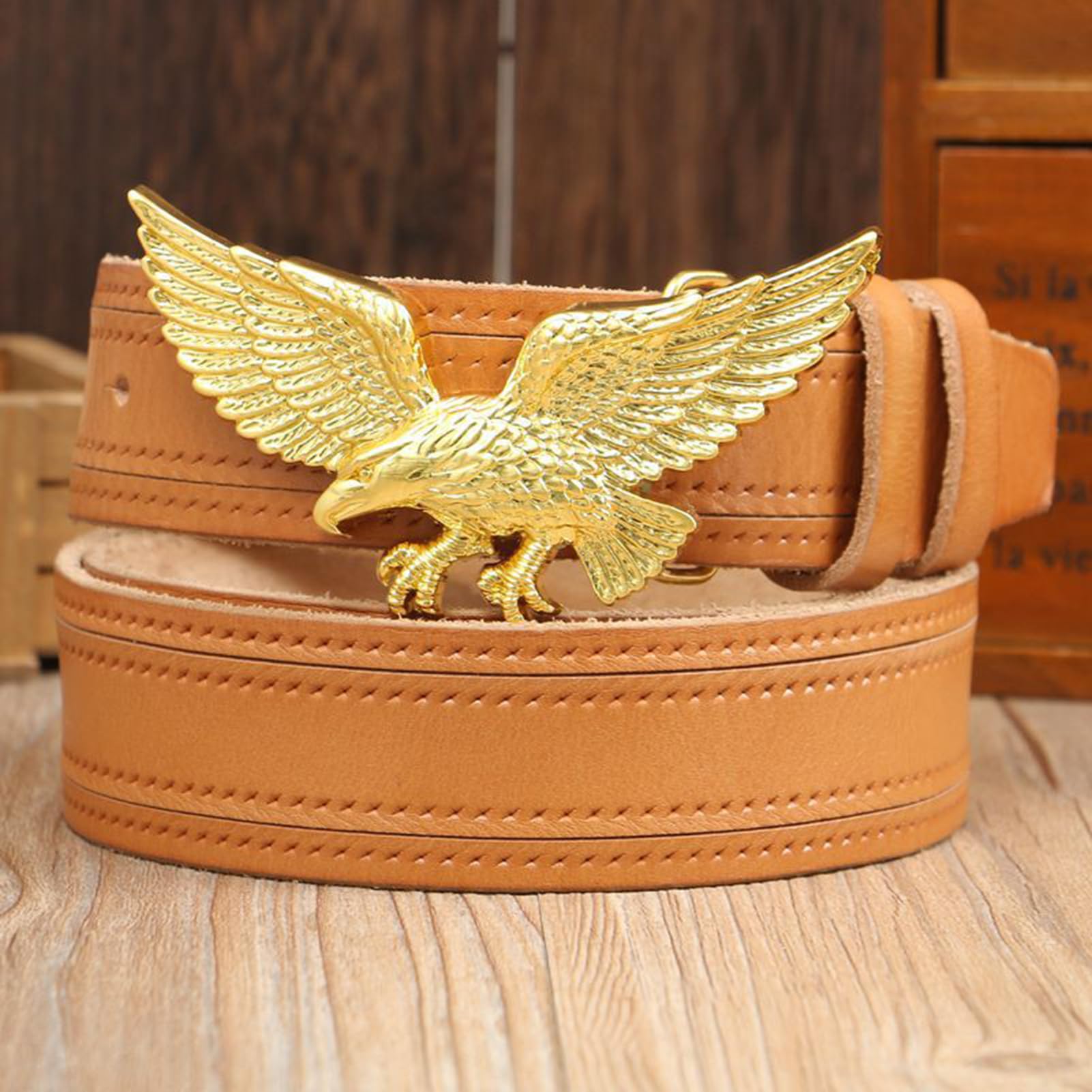 Cintura In Pelle Da Uomo E Donna Con Fibbia Western Incisa Aquila Volante Dorata, Cinturino Cowboy, Cowgirl Country