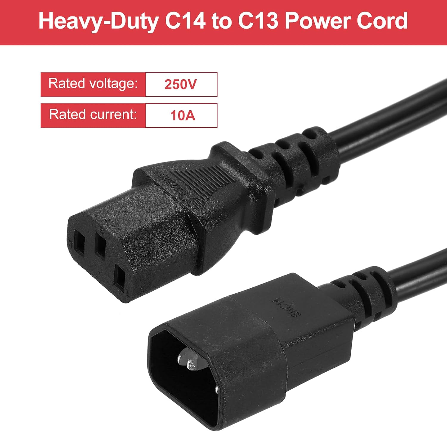 MECCANIXITY 10ft 18 AWG Black 18/3 Universal Power Cord C14 to C13 10A 250V 3-Prong Extension PDU Power Cables for PC,Computer,Printers,TV,AC Adapter,Laptop,Monitor