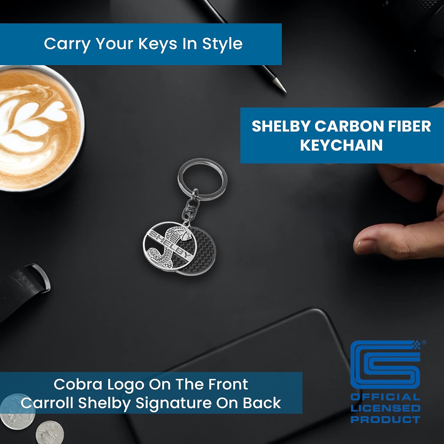 Shelby Cobra Coiled Snake Logo Keychain | Genuine Carbon Fiber Construction | Lightweight