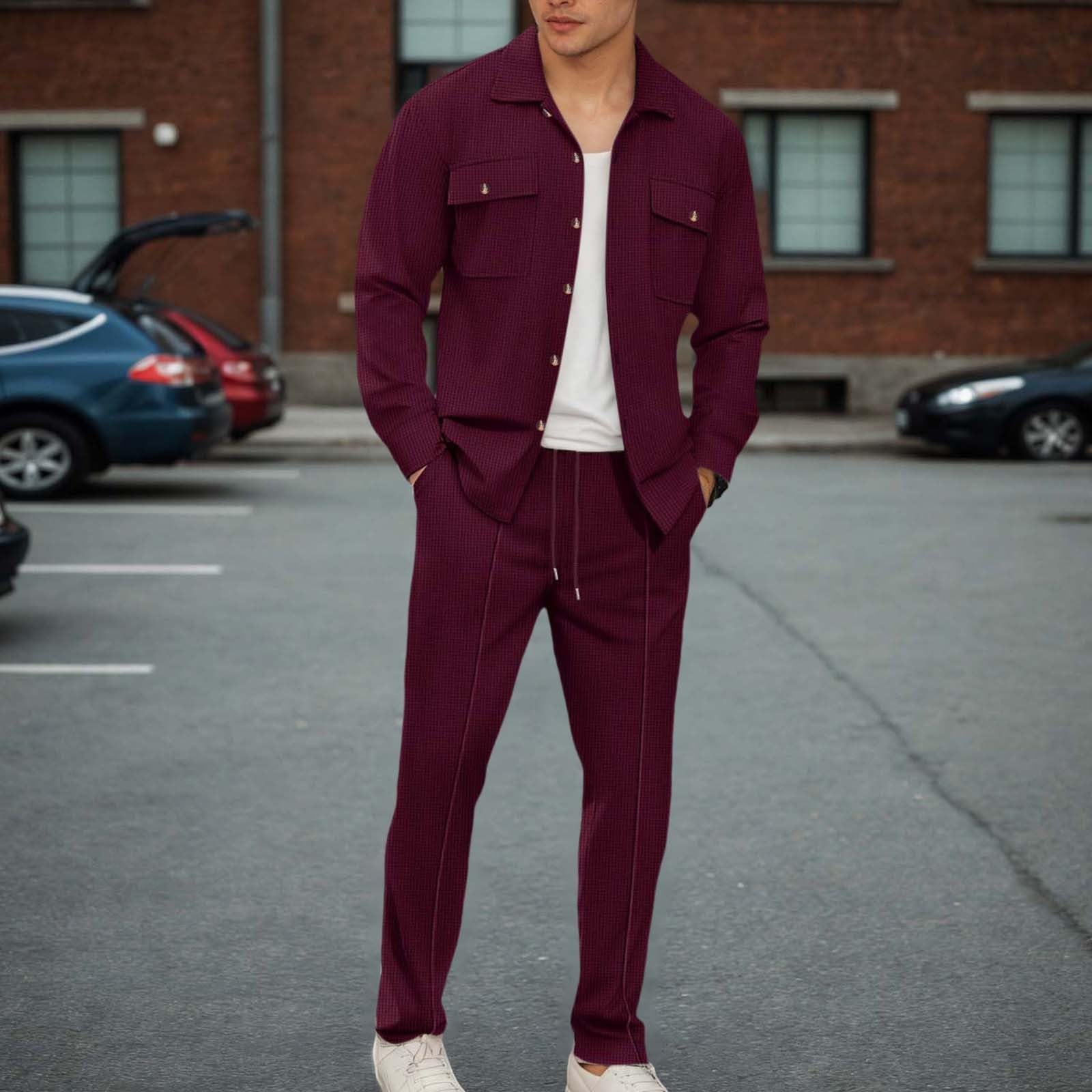 Conjunto genérico Camisa Manga Larga Pantalones de Punto Hombre Traje Casual Trabajo Dos Bolsillos Color Sólido Cómodo Elegante