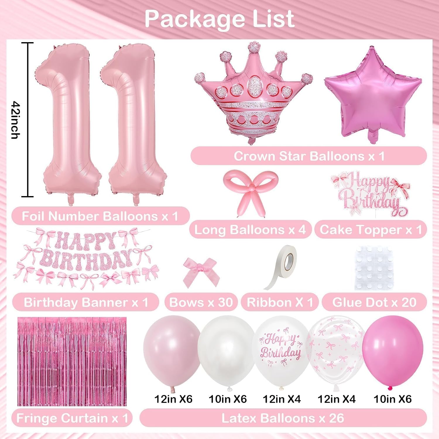 Pink Bow 11th Birthday Decorations for Girls, Coquette Party Decor Include 40 Inch Number 11 Crown Star Balloon Double Stuffed Pastel Balloon Pink Bows Cake Topper Happy Birthday Banner Fringe Curtain image 2