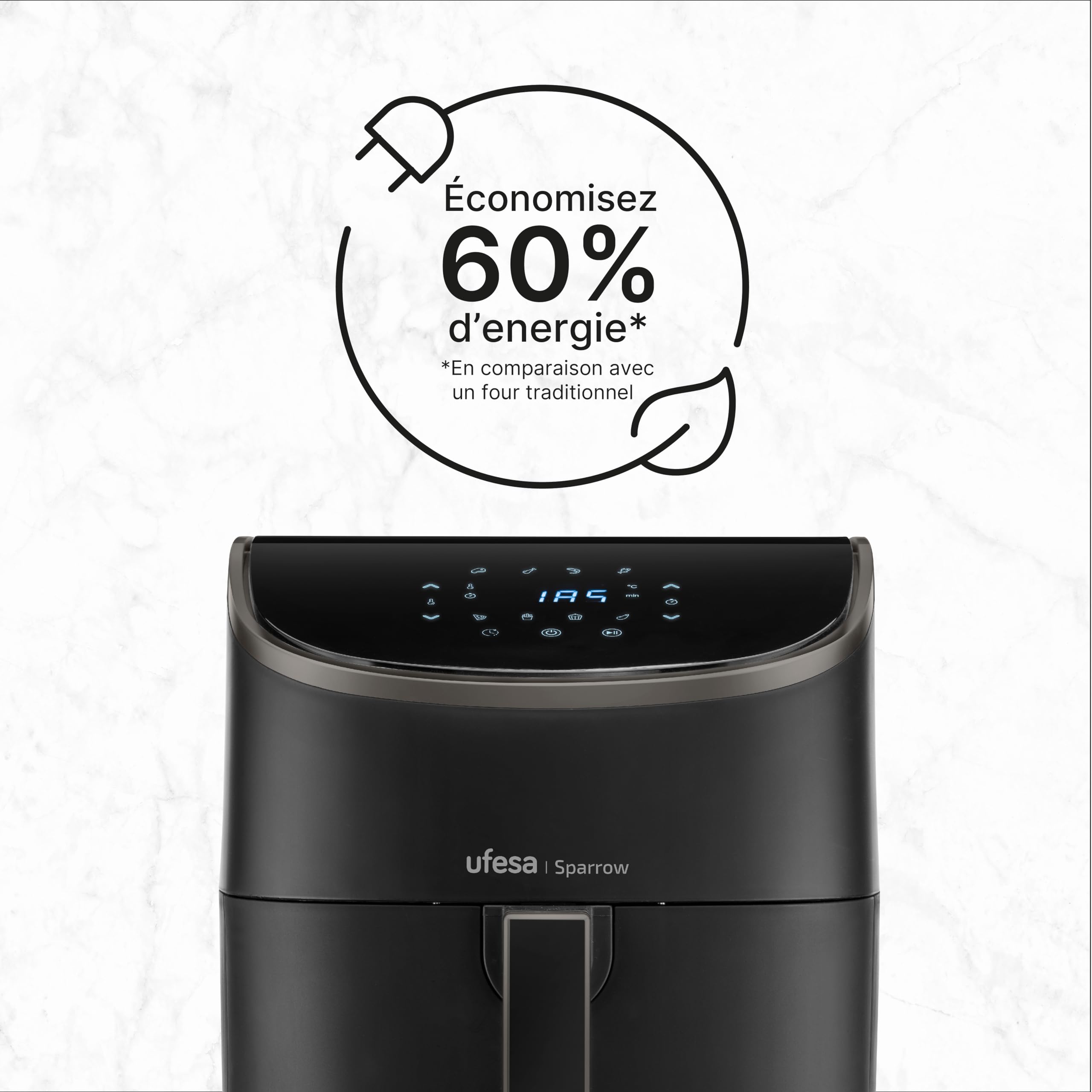 Ufesa Sparrow frytkownica powietrzna, 6 l, Air Fryer 8 programów, 1700 W, cyfrowa, timer, temperatura 80°C - 200°C, bez BPA i PFOA, frytkownica powietrzna z wiadrem i tacą zapobiegającą przywieraniu
