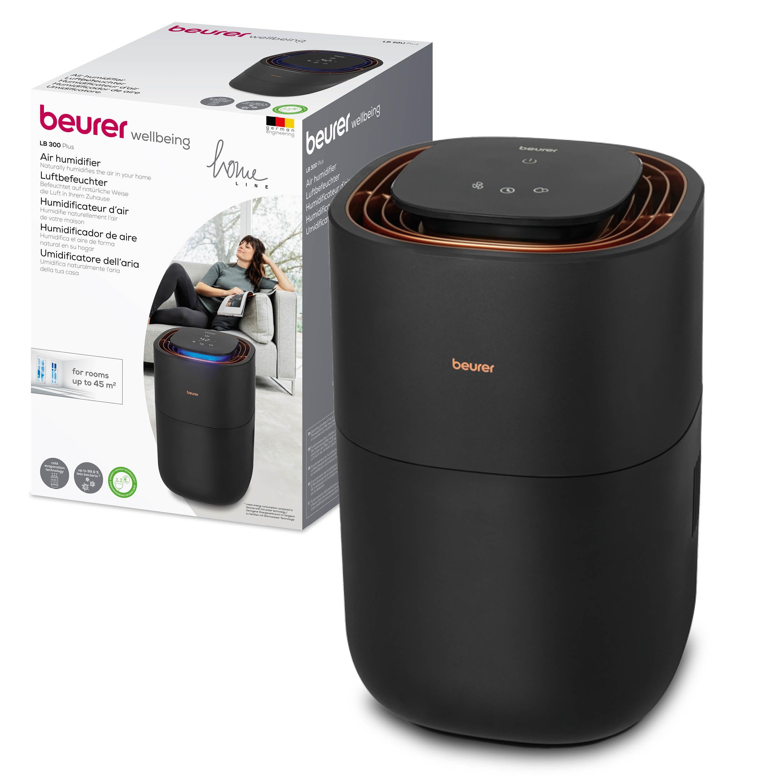 Beurer LB 300 Plus Humidificador con eficiencia energética y tecnología de evaporación en frío, indicador de humedad en color, función de secado higiénico del filtro, para habitaciones de hasta 45 m²