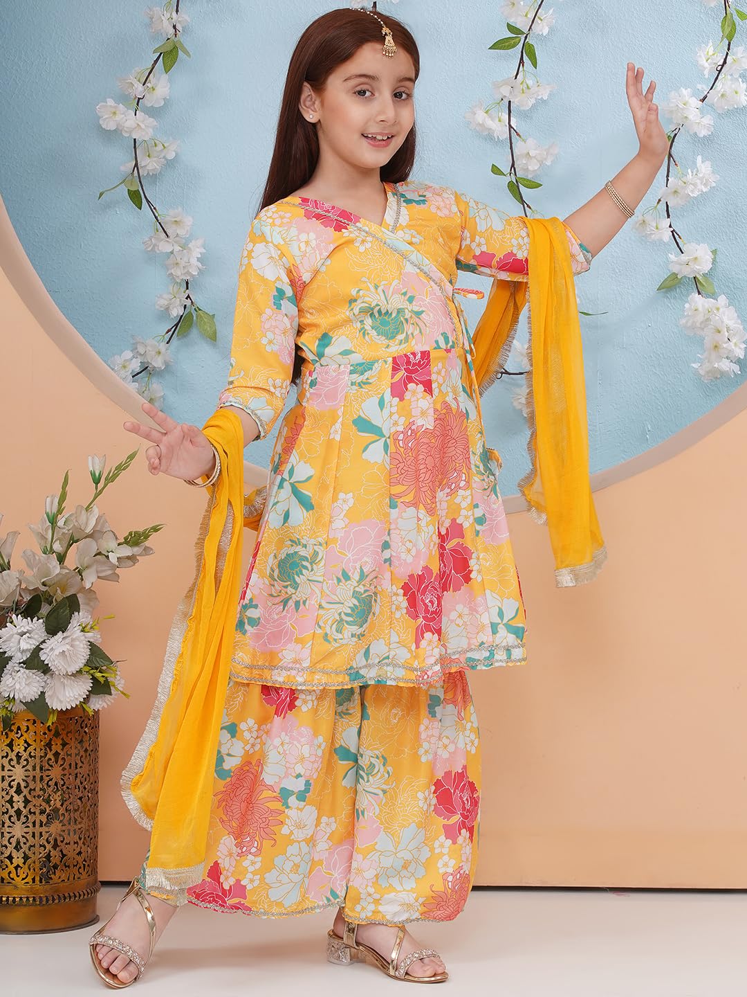 Preneum Girls's Cotton Rayon Printed Angrakha Kurta With Sharara & Dupatta, Yellow, 13-14 Years