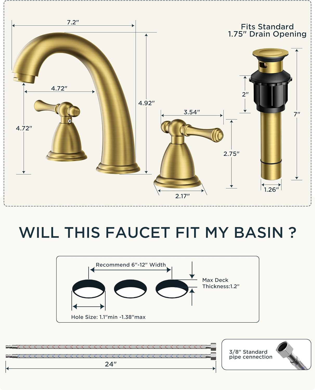 FORIOUS Brushed Gold Faucet for Bathroom Sink 3 Hole, 8 Inch Widespread Bathroom Faucet with Pop Up Drain and Water Hose Supply, 2 Lever Handles Design, for Commercial Vanity RV Lavatory Camper Sink