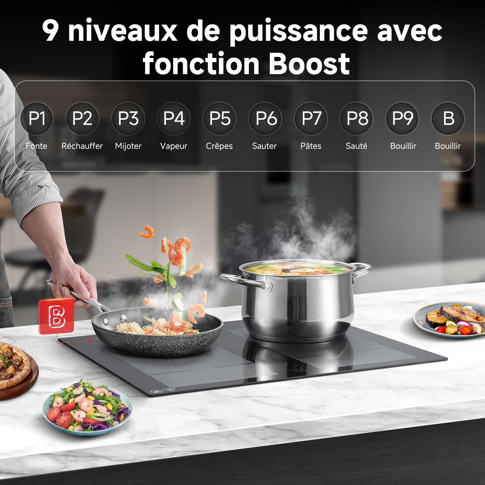 AMZCHEF Plaque Induction 4 Feux avec Deux Zones Flexibles, Plaque de Cuisson Induction 4 Zones avec Fonctionnement Silencieux (42dB), 9 Niveaux et Booster, Barbecue, Pause et Maintien au Chaud, 7400W