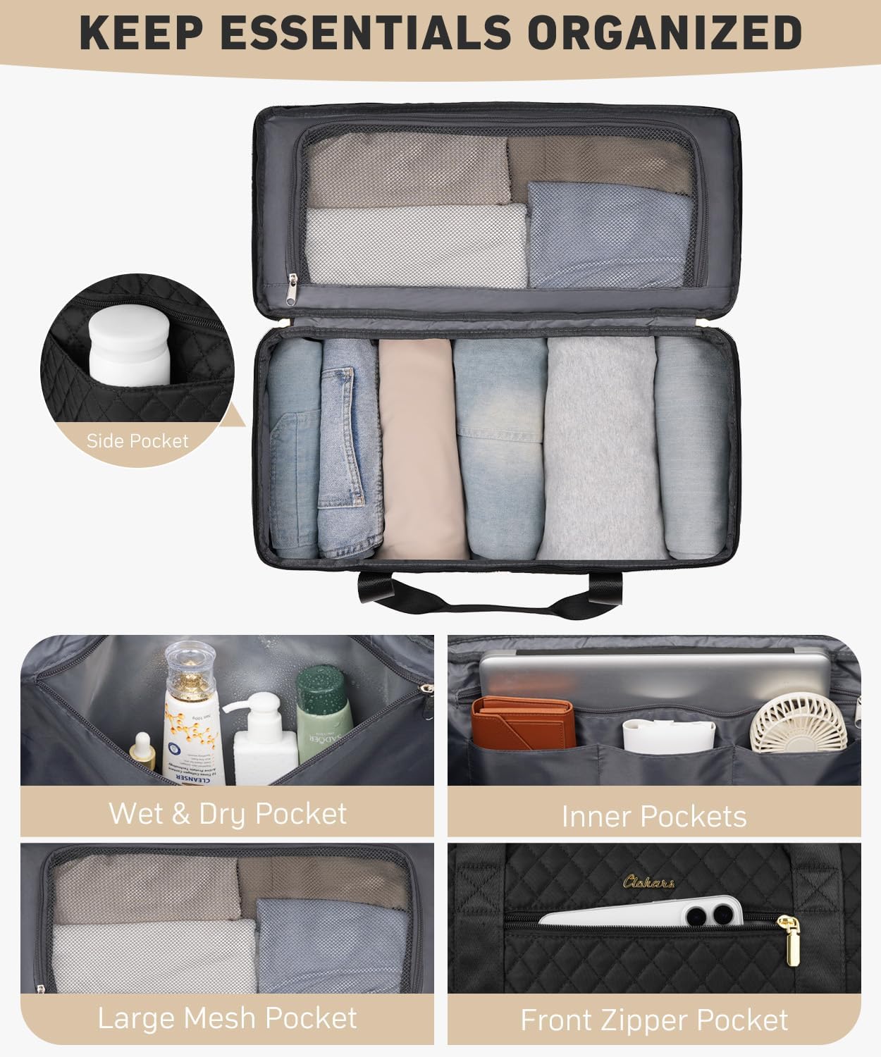 Weekender Bags for Women, Wide Open Large Travel Duffle Bag with Shoe Compartment, Overnight Hospital Bag For Women Labor Delivery, Carry on Bag Personal Item Travel Bag with Wet Pocket (Black) - Image 2