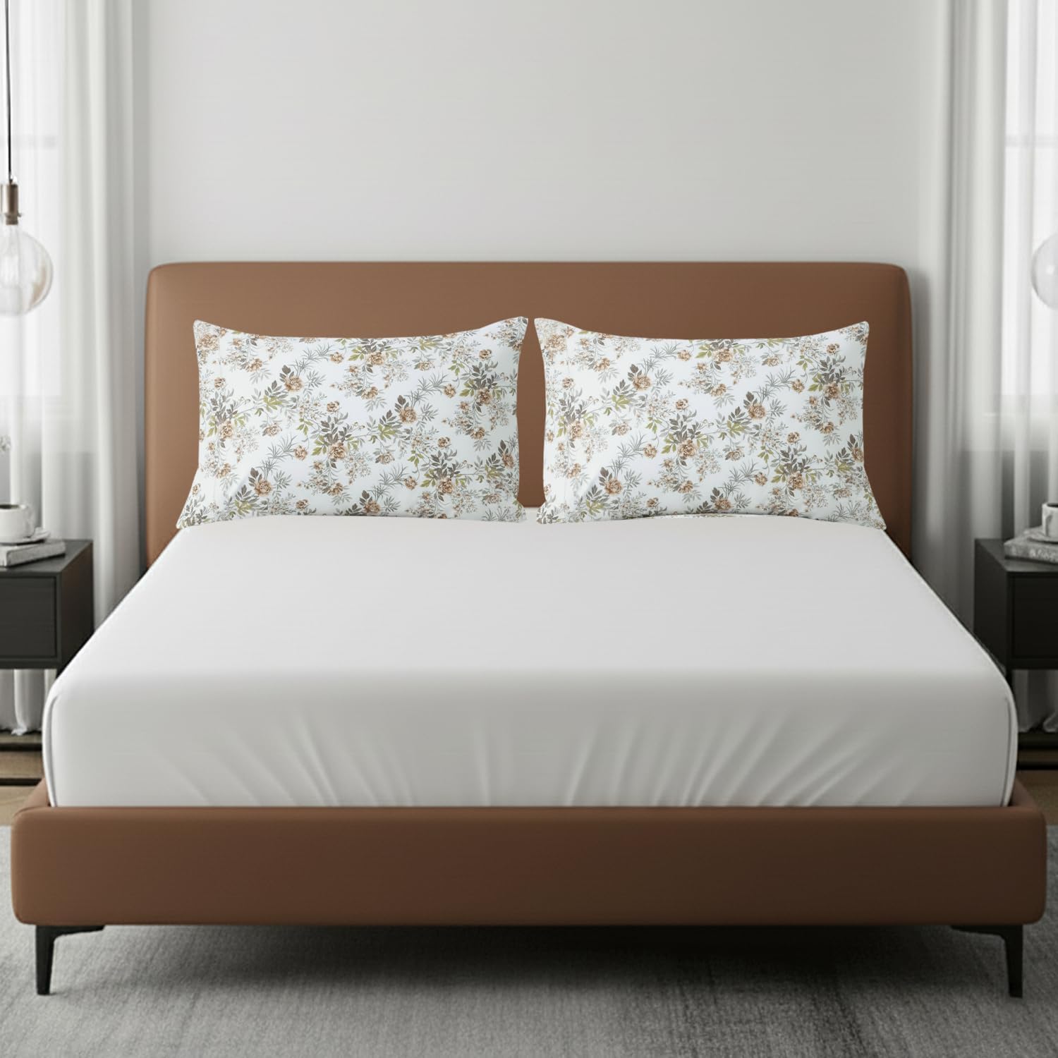 Feather & Stitch 100% Cotton Printed King Pillow Covers Set of 2, 500TC Envelope Closure Pillowcases, Soft Luxury Damask Sateen Weave Pillow Case for Sleeping, 20x40 Inches - Rose Floral