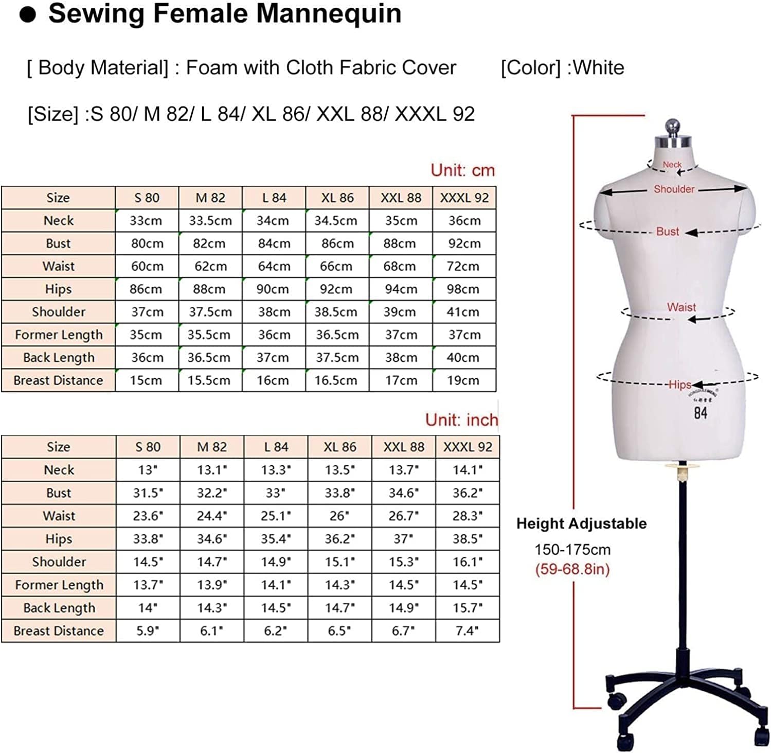 Female Dress Form Mannequin Torso Body Plus Size Female Sewing Mannequins with Specification Line and Wheel, Height Adjustable: 59-68in, Half Scale Tailor Model for Dress Form/Clothing Display ( Color