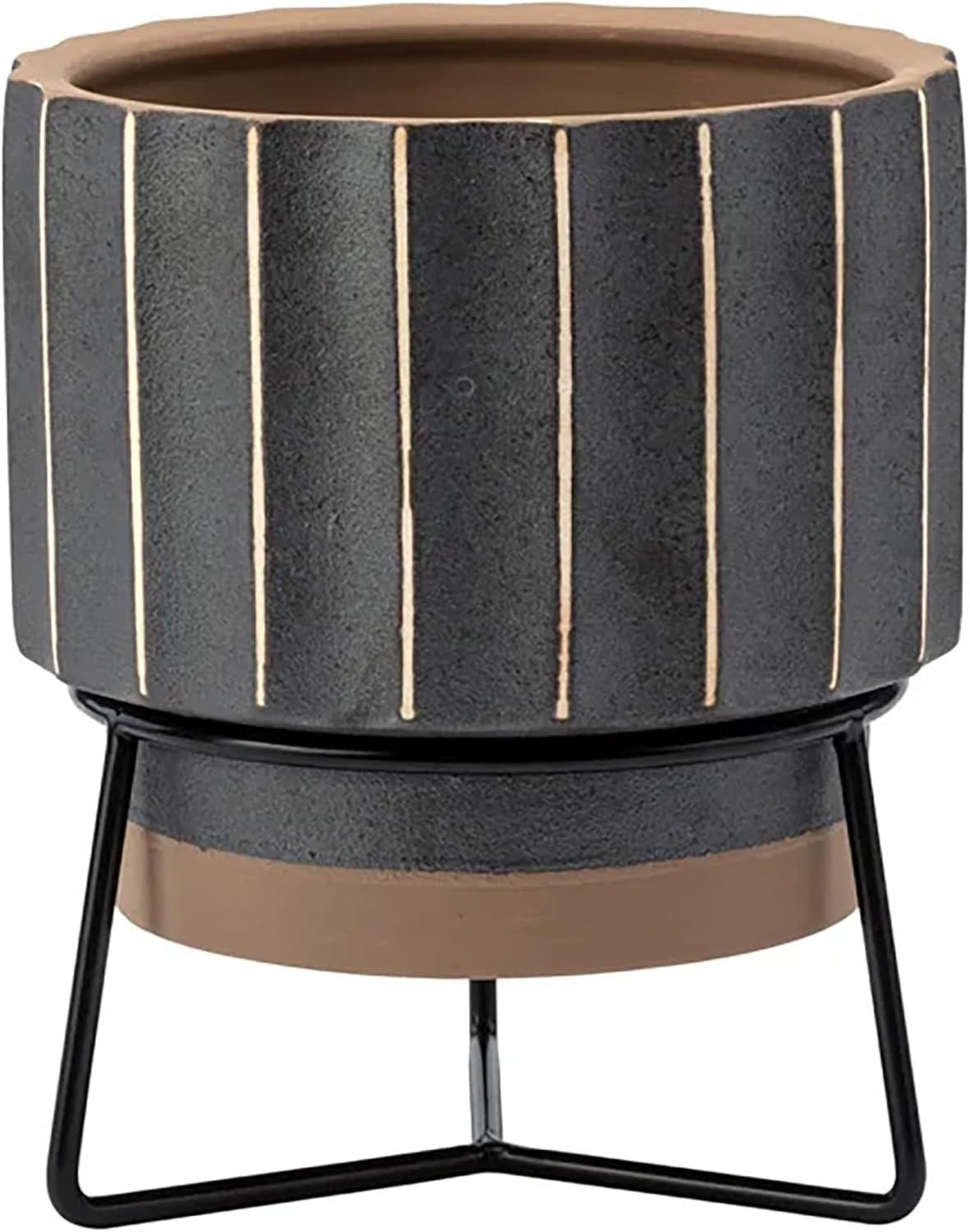 Napco 22493 Round Stipe Rib Texture 7 x 5 x 5 inches Bronze and Beige Ceramic Flower Succulent Plant Pot Planter Container Holder with Metal Stand, Indoor Outdoor Garden Décor