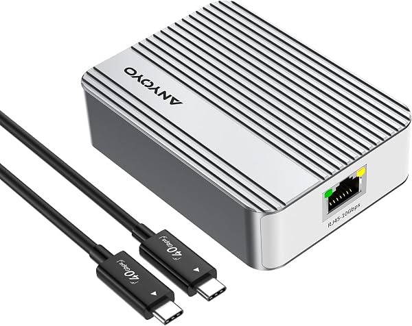 Adaptador de red ANYOYO Ethernet 10G con puerto RJ45, incluye cable, admite 10/5/2.5/1 Gbps y 100 Mbps Base-T, para red de alta velocidad en router, NAS, LAN, compatible con puertos Thunderbolt 5/4/3/USB4 (plata)