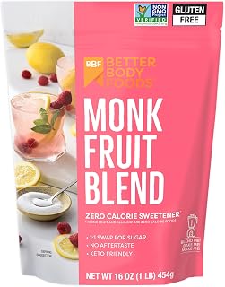 BetterBody Foods Monk Fruit Allulose Sweetener Blend, Raw Cane Sugar Substitute, Zero Calorie, Keto Diet Friendly, Zero Net Carbs, Zero Glycemic, Baking, Extract, Sugar Replacement, 1lb, 16 oz