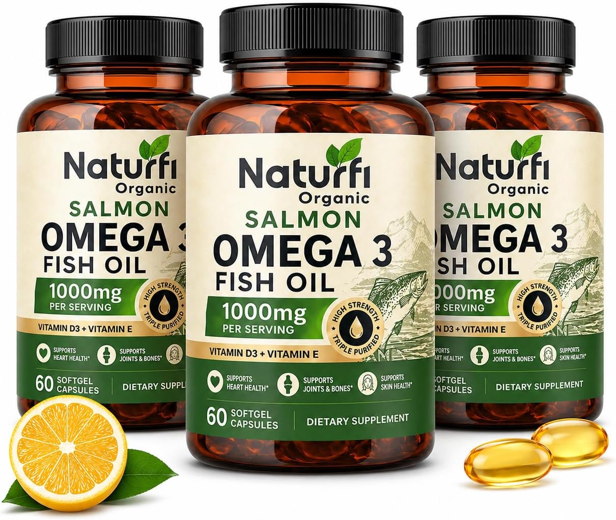 Naturfi Organic Salmon Omega 3 Fish Oil Capsules | 1 Month Supply | Salmon Fish Oil Omega 3 Capsule 1000mg for Men & Women - Fish Oil with EPA and DHA - 60 Softgel Capsules 180 Count Pack of 3