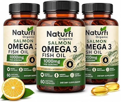 Naturfi Organic Salmon Omega 3 Fish Oil Capsules | 1 Month Supply | Salmon Fish Oil Omega 3 Capsule 1000mg for Men & Women - Fish Oil with EPA and DHA - 60 Softgel Capsules 180 Count Pack of 3