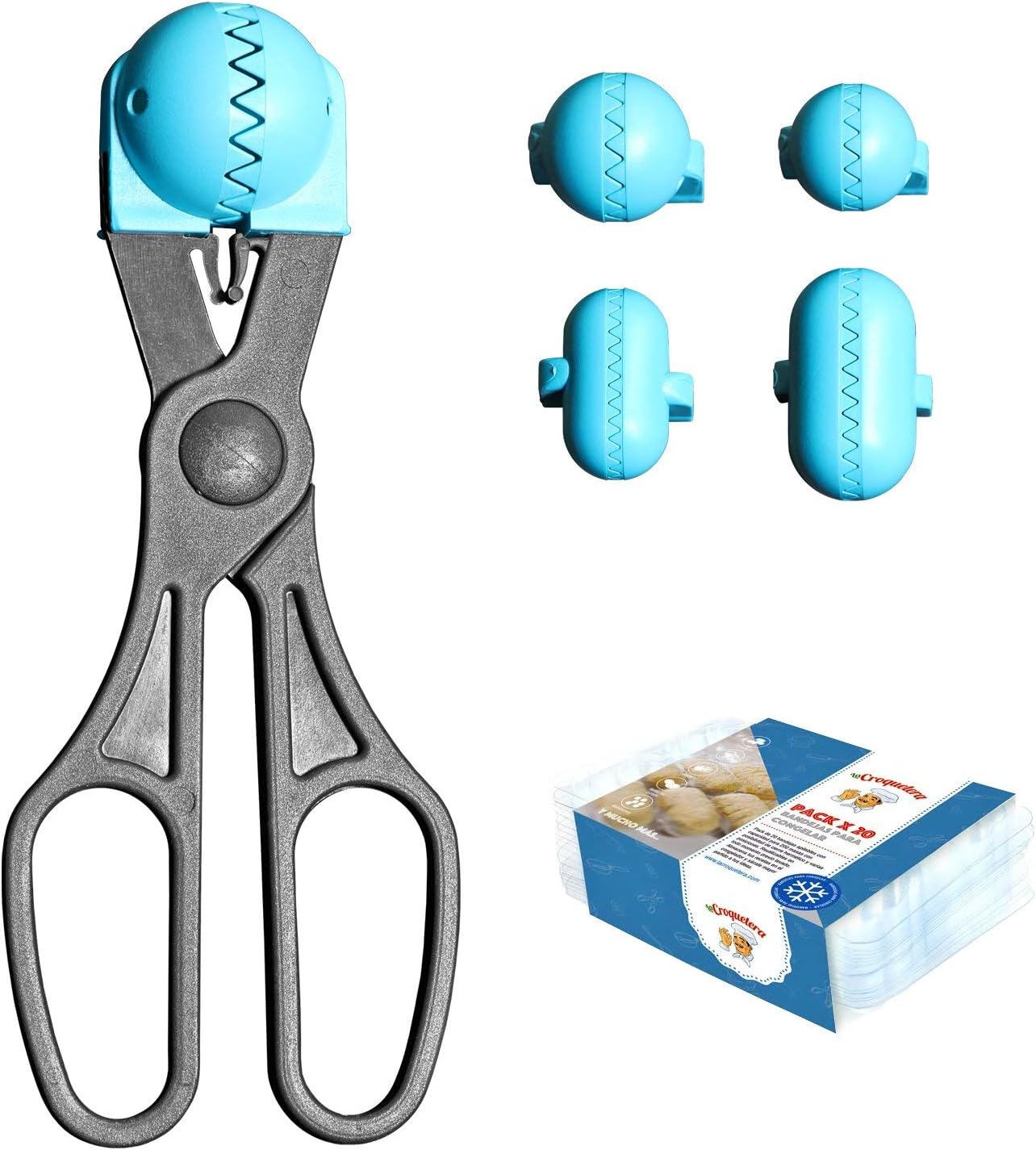 LA CROQUETERA Turquoise Multipurpose Tool-4 Interchangeable molds for Masses + Pack Storage trays-100% Spanish : Patented and Made in Spain, 1 utensilio + 20 bandejas
