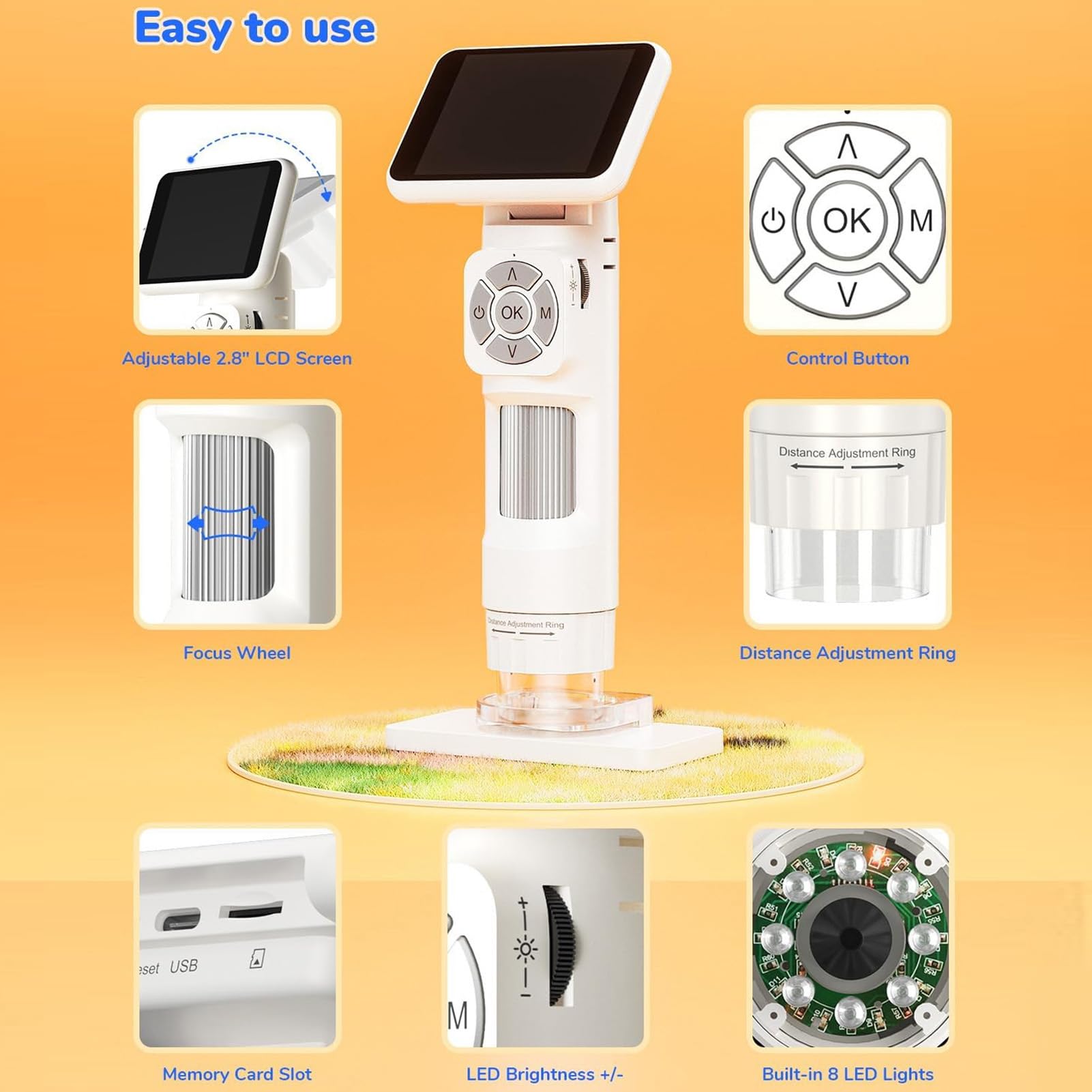 YWBL-WH Microscopio de Mano de 2,8 Pulgadas con Luz LED, Lupa Digital de Bolsillo para Joyeros, Vista para PC