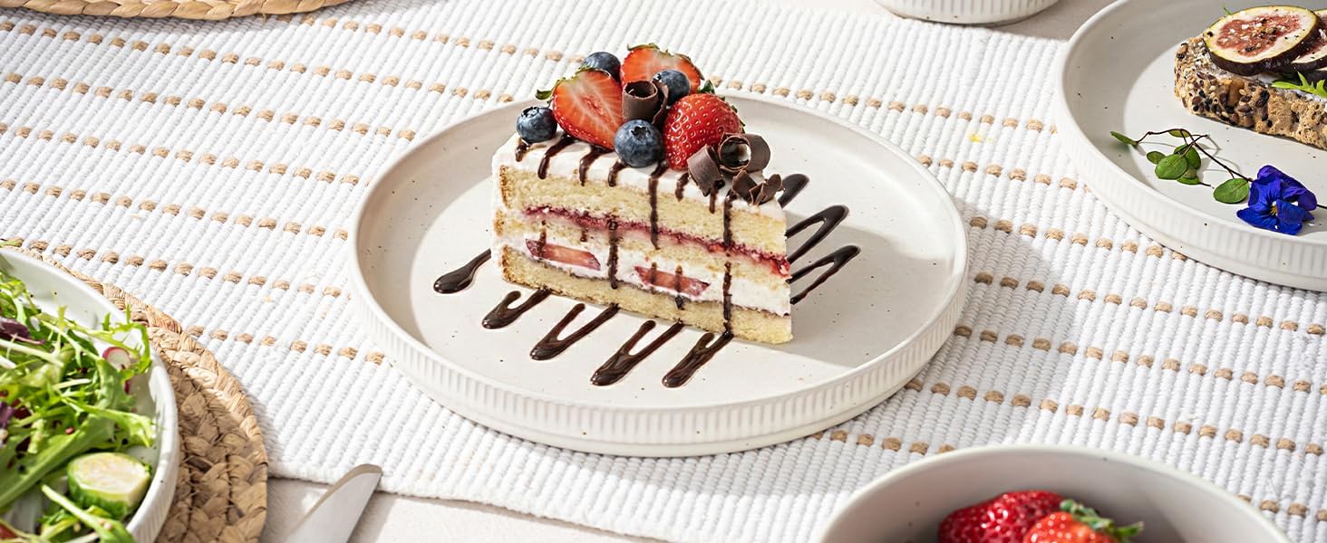 Ceramic Flat Plates Set of 4, 8 Inch Dessert, Salad, Appetizer, Small Lunch Plates, Microwave and Dishwasher Safe, Kitchen Porcelain Dish, Speckled White