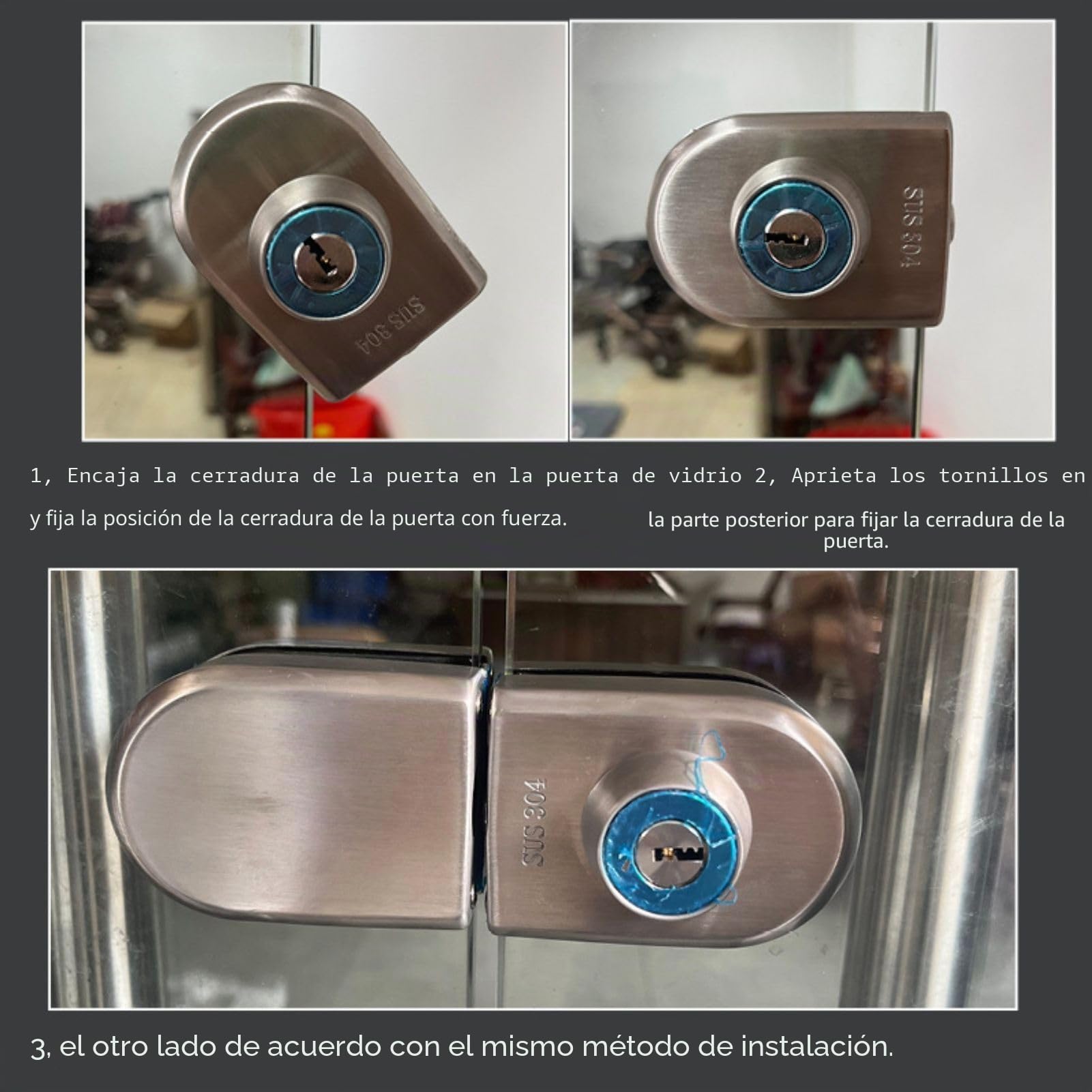 Jadeshay Cerradura de Puerta,Cerradura de Seguridad Acero Inoxidable Sin Marco para Uso en Puertas de Vidrio de 10~12 mm de Espesor con Llaves Abra/Cierre, Sin Perforación Cerradura Puerta