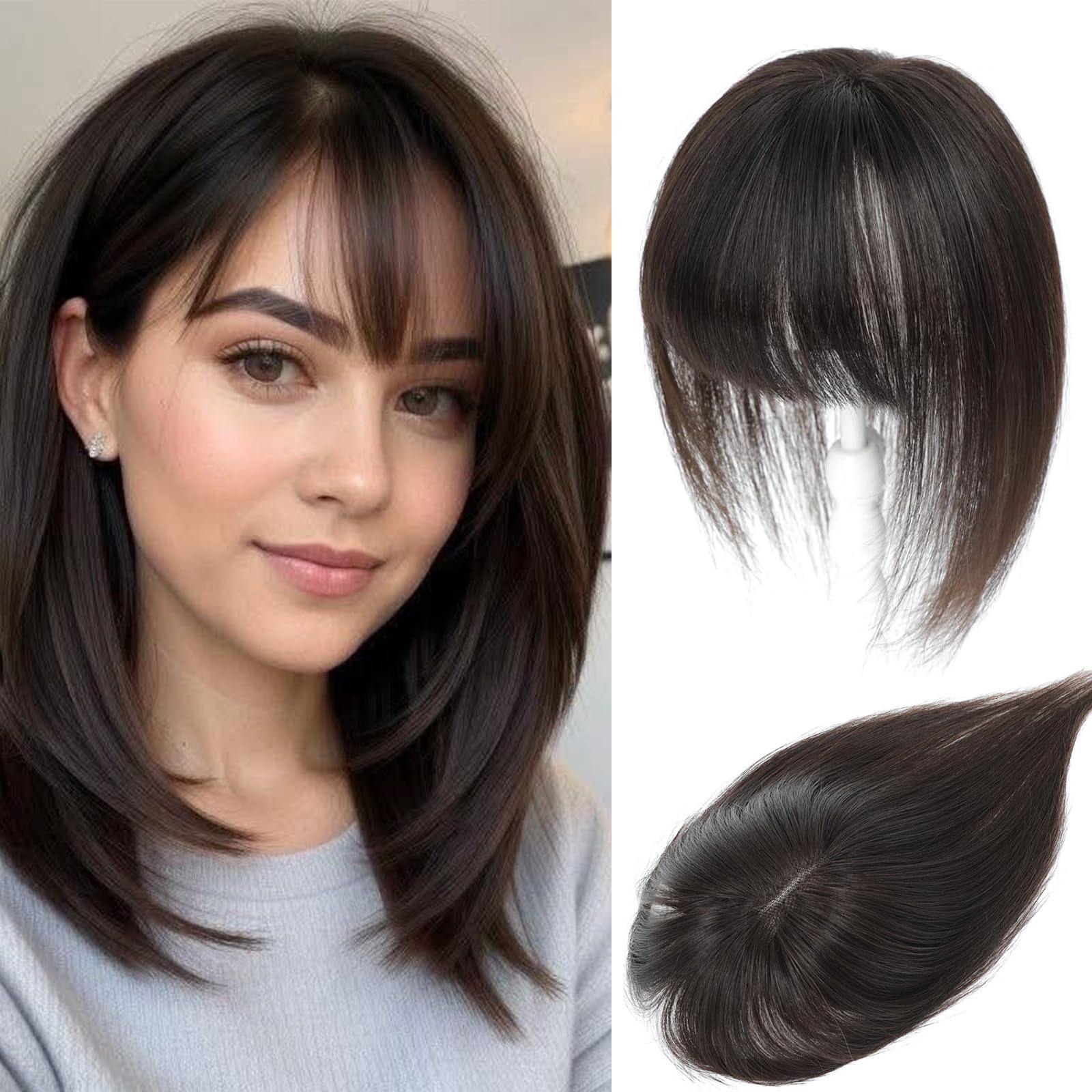 Hair Toppers for Women Human Hair with Bangs Hand-stitched 360°3D Coverage Natural for Thinning HairPieces for Women with Thinning Hair Swiss Base Dark Brown(2#)