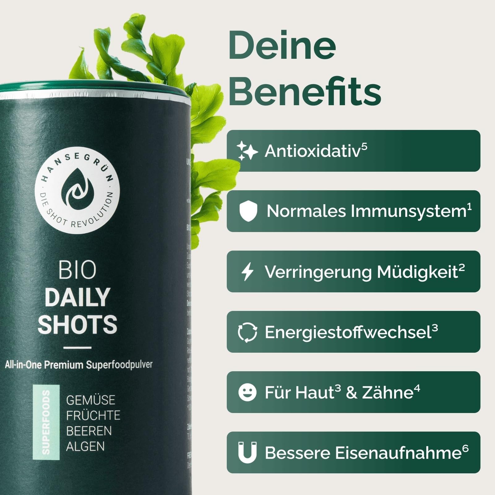 Hansegrün - Bio Daily All-in-one Shots (60 Stk.) - Superfood-Pulver für Immunsystem¹, Anti-Müdigkeit², Haut⁷ & Zähne⁴ - Antioxidative Wirkung⁵ - 100% echte Zutaten zur schnellen Zubereitung