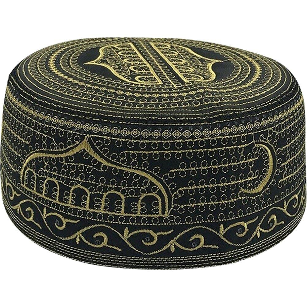 Lpitoy Men's Black Kufi Muslim Prayer Hat Islamic Prayer Kufi Hat Arabian Embroidered Skull Cap Hajj Mosque Headwear Beanie Cap