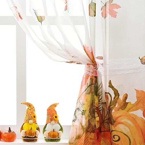 Miniatura 6 de Cortinas traslúcidas de otoño de Acción de Gracias para sala de estar, hojas de arce, calabaza, girasol, cortinas de ventana con bolsillo para