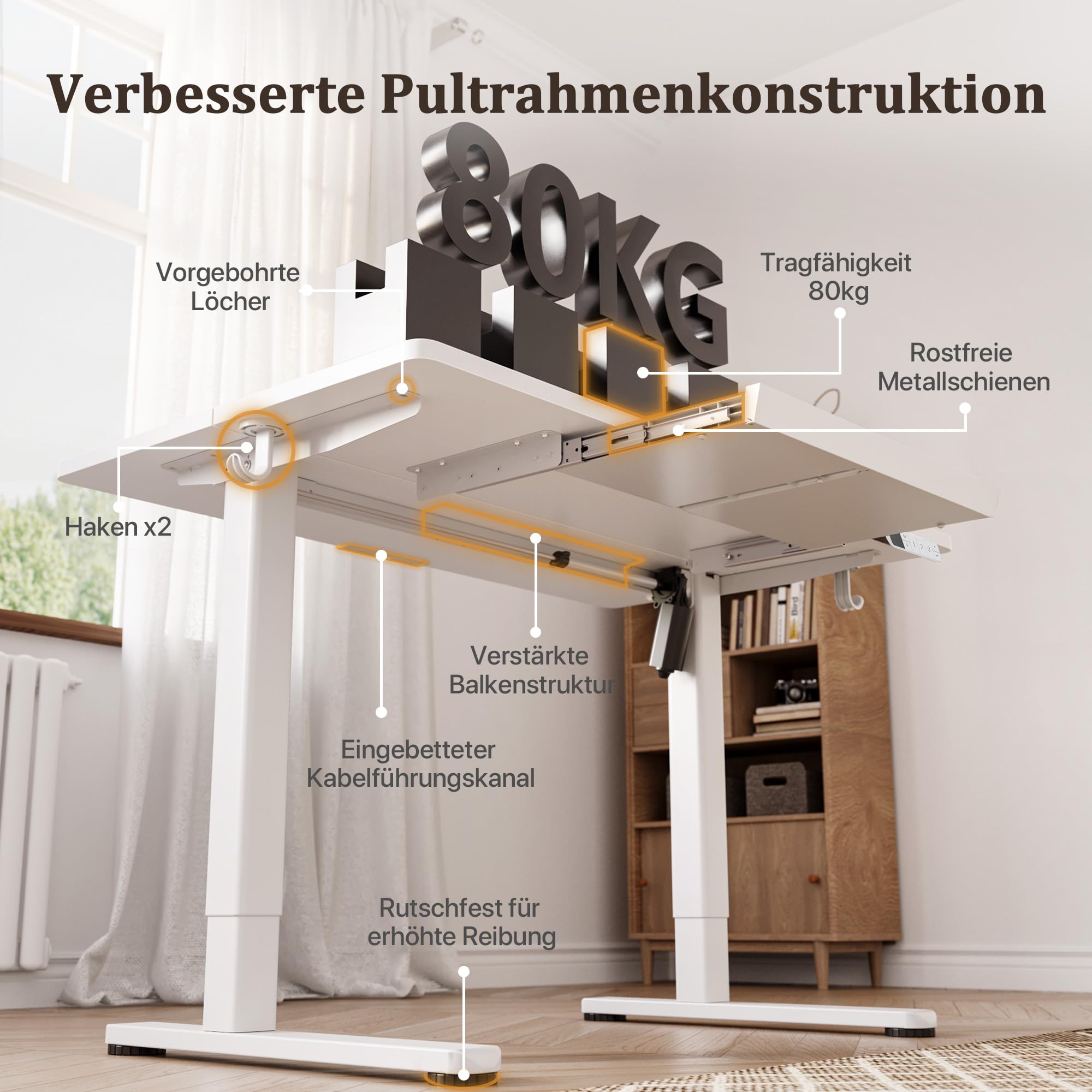 Claiks Höhenverstellbarer Schreibtisch 120x60cm mit Schublade, 80kg Tragkraft Elektrisch Schreibtisch Höhenverstellbar mit 3-Funktions-Memory und 2 Kopfhörerhaken, Standing Desk with Drawer, Weiß
