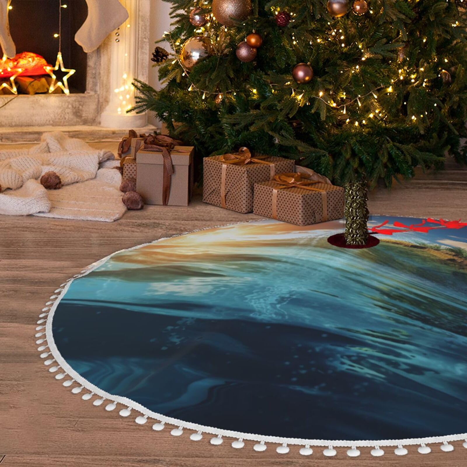 Jupe de sapin de Noël 91 cm ciel et mer à pompons pour décoration de fête