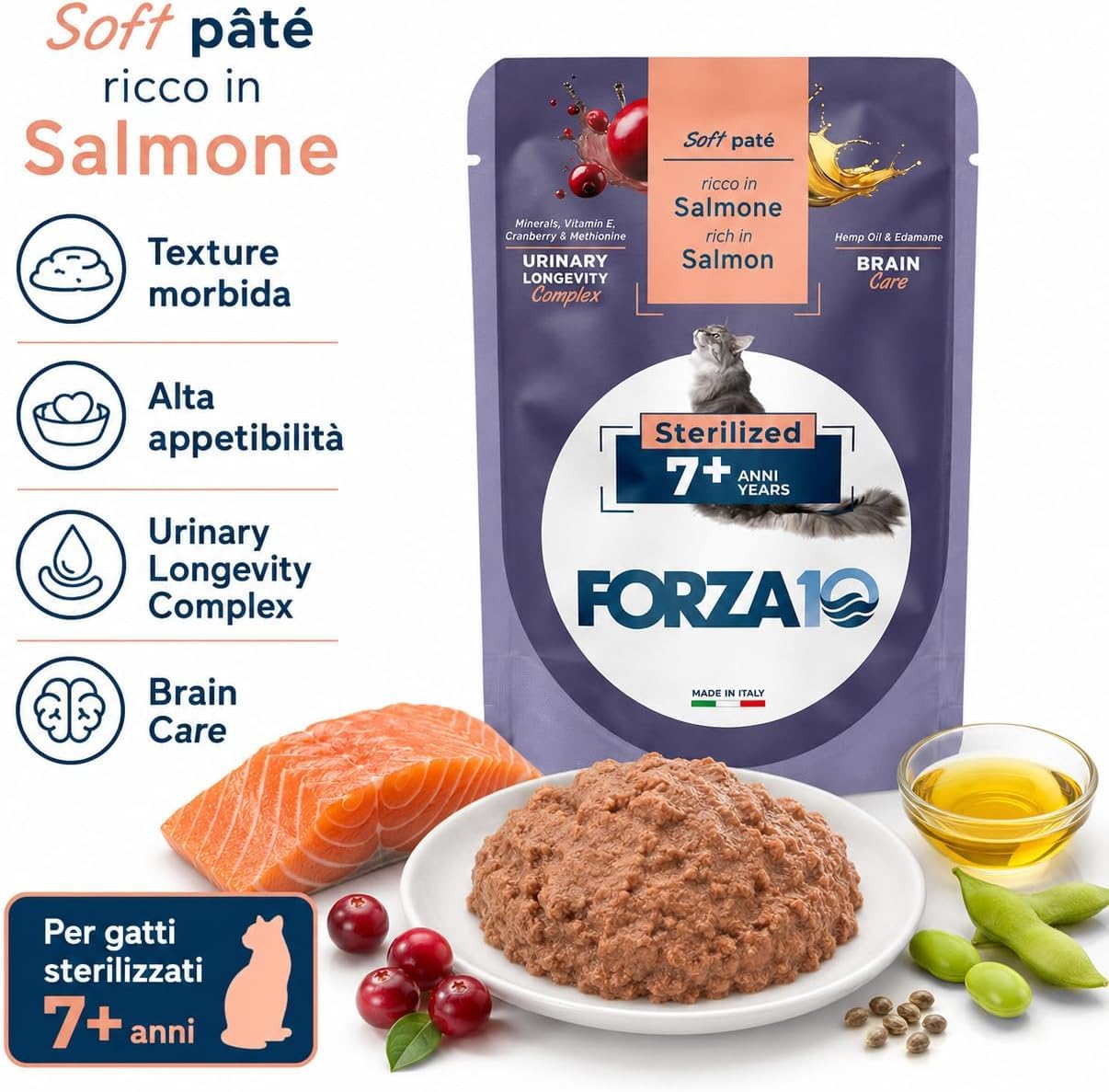 Soft Patè Gatto Salmone 7 anni sterilized– Forza10 Cibo Umido per Gatti Anziani sterilizzati di tutte le Taglie e Razze,Monoproteico,24 Bustine x 80g, Alimento Completo.